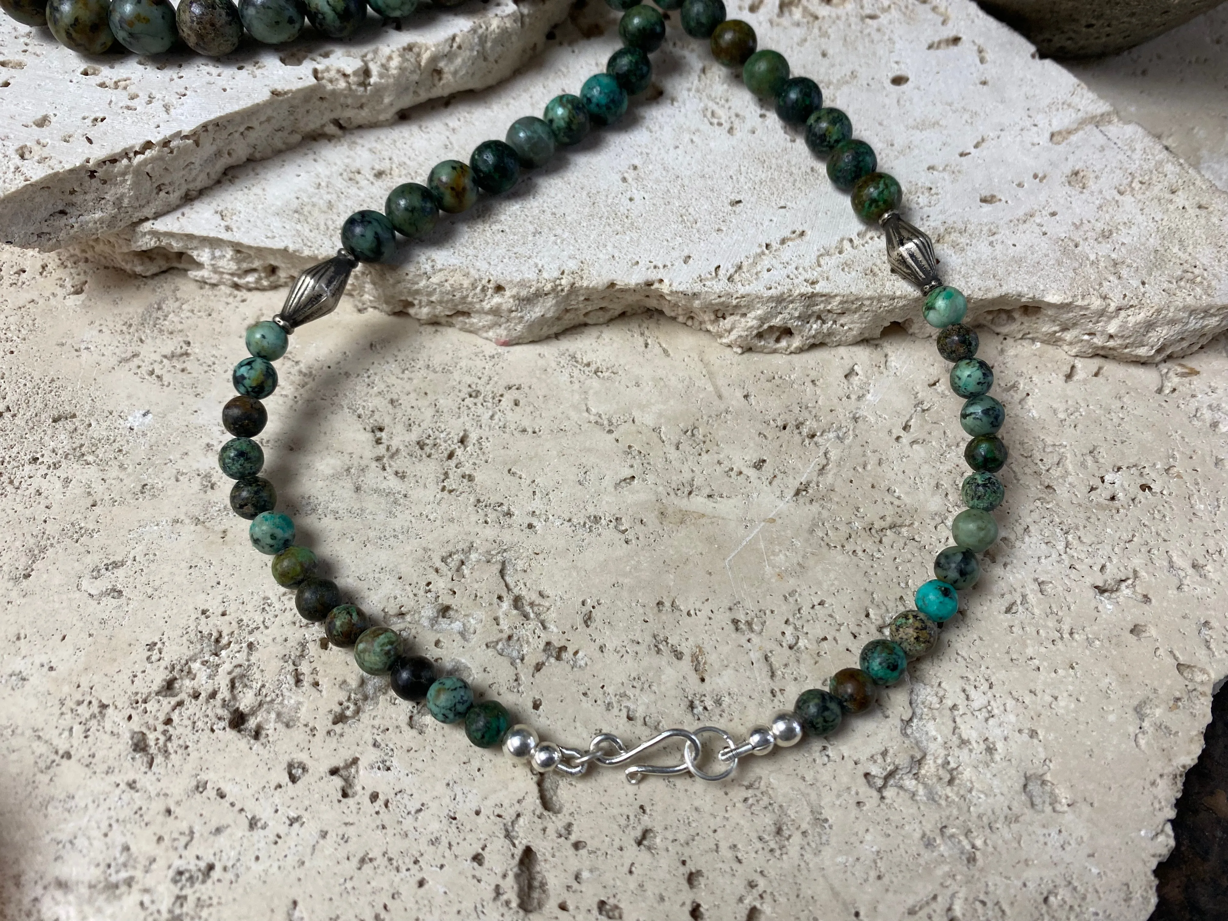 Long African Turquoise Silver Bead Necklace