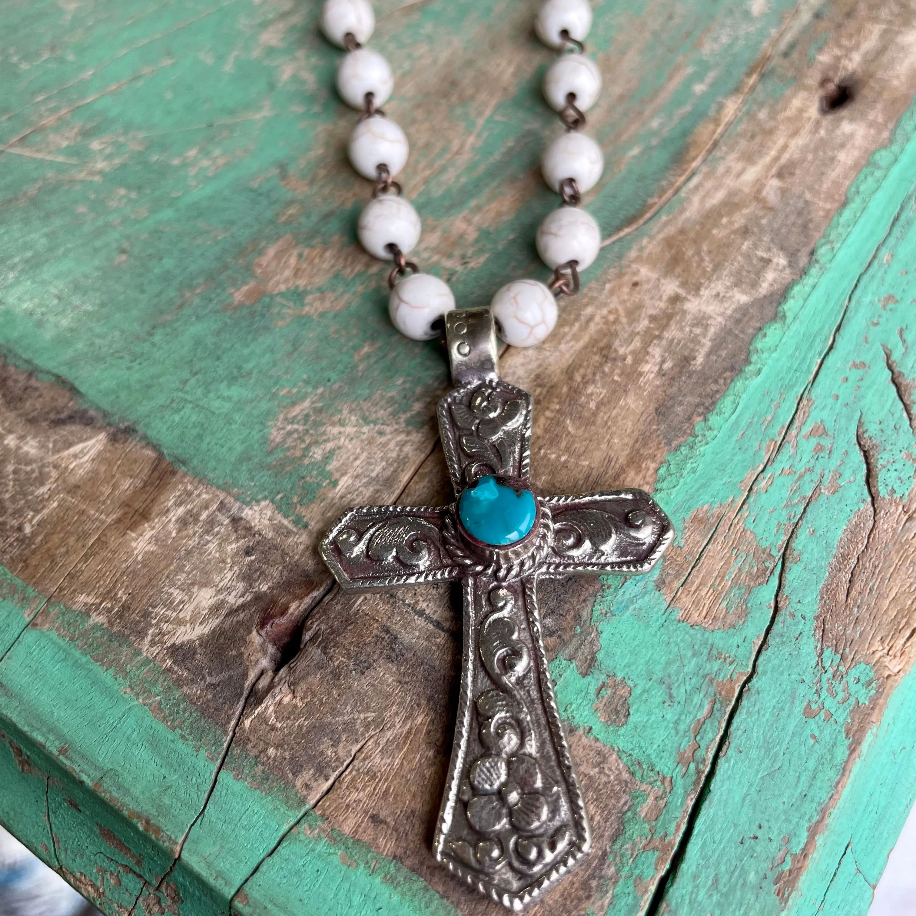 Long Beige and Turquoise Faith Necklace