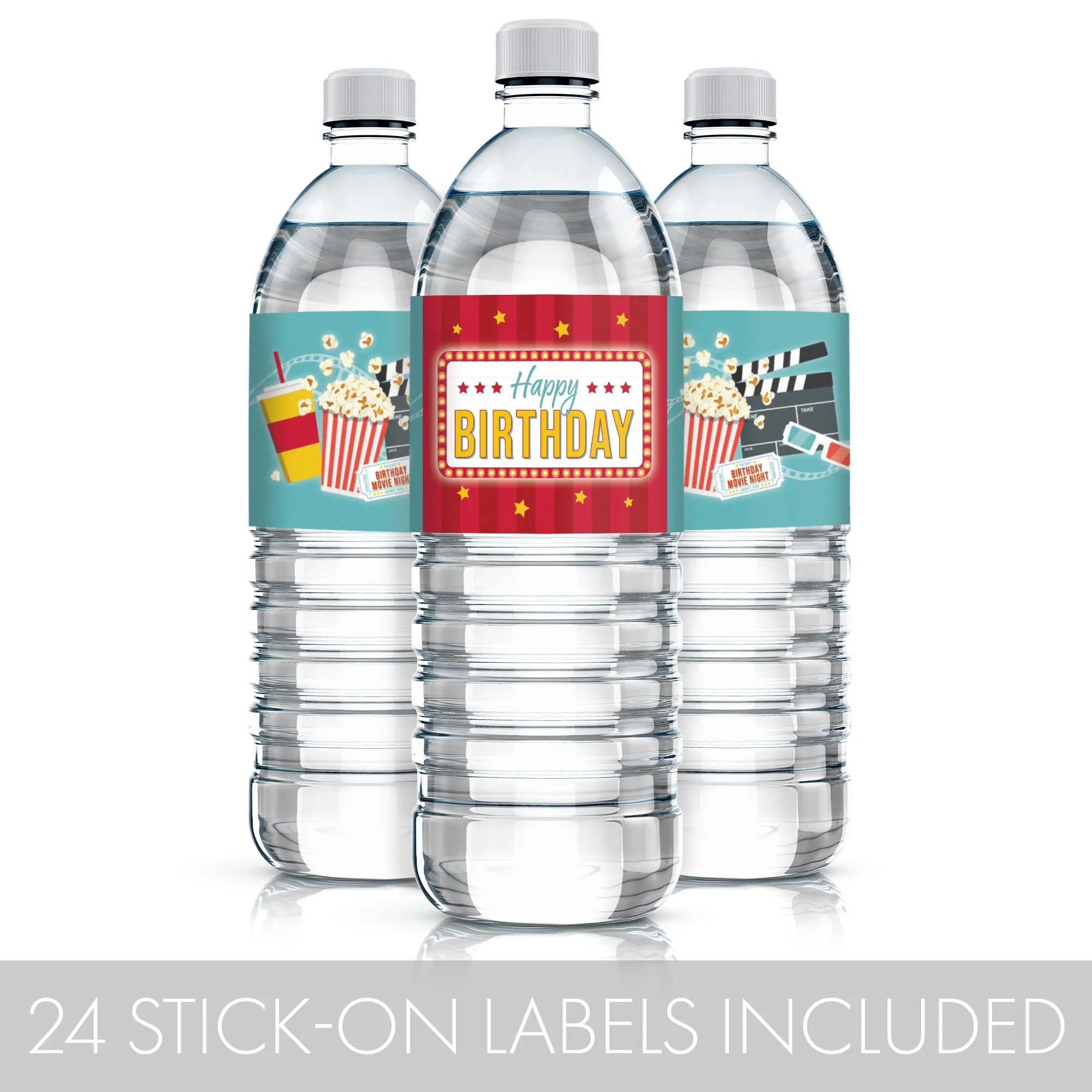 Movie Night: Kid's Birthday - Water Bottle Label Stickers - Waterproof - 24 Waterproof Stickers