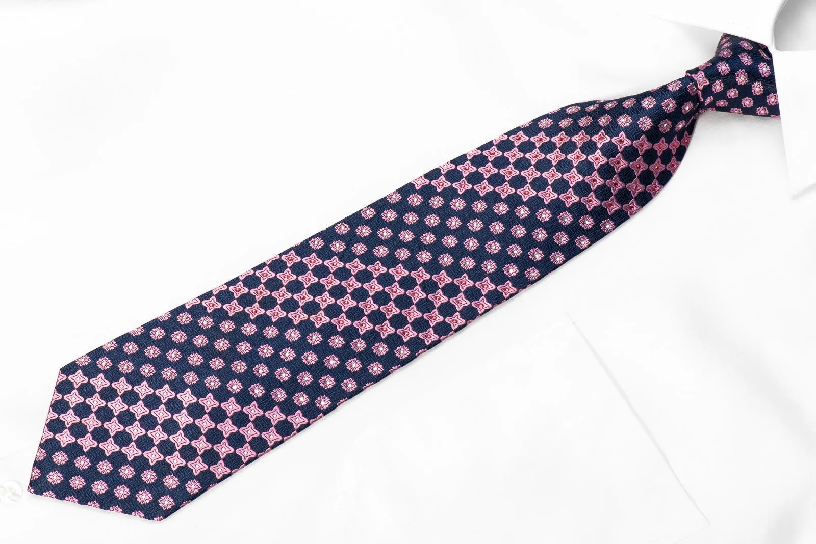 Nina Ricci Men's Crystal Silk Necktie Pink Geometric On Navy