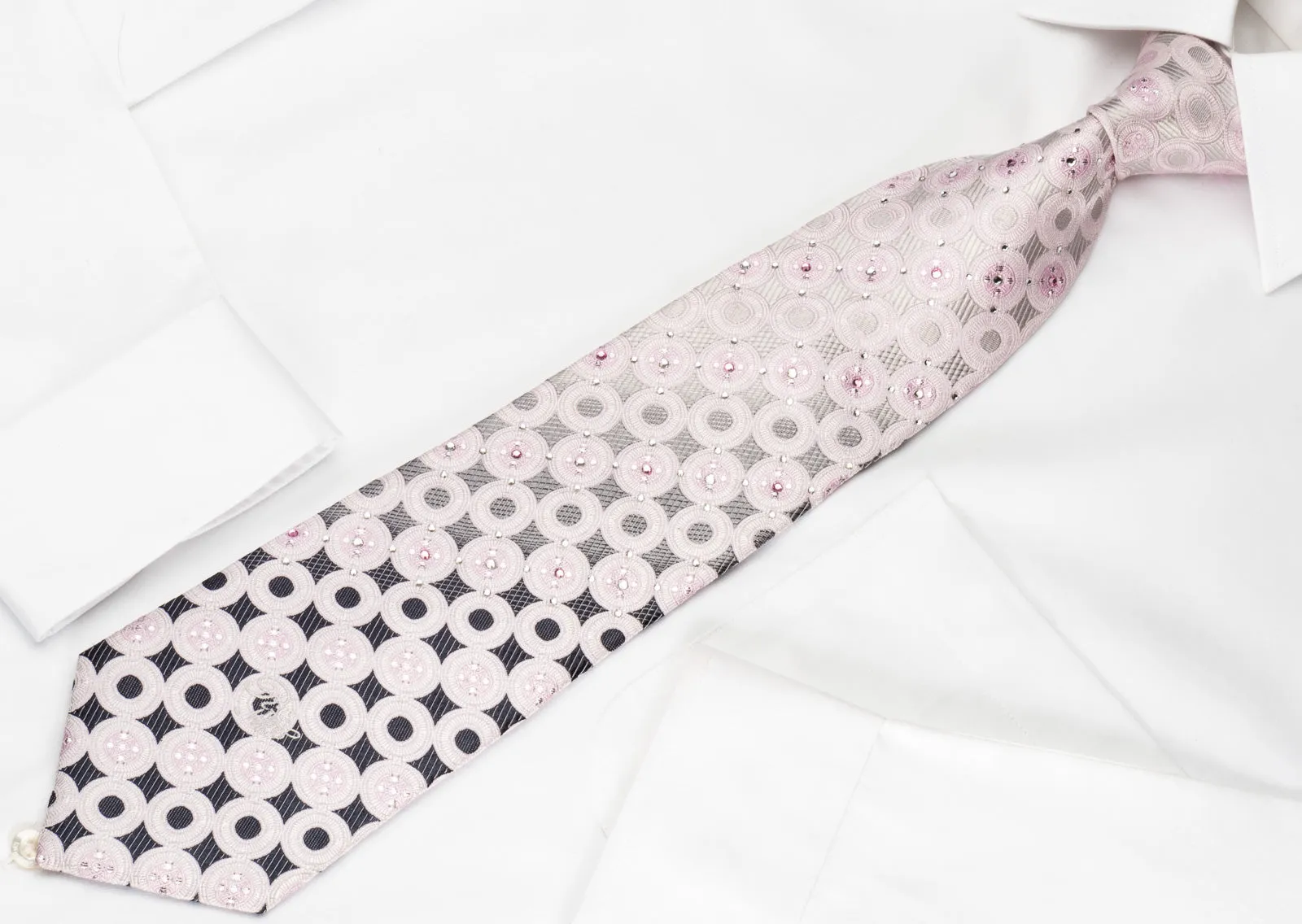 Nina Ricci Rhinestone Silk Necktie Pink Circles On Silver With Silver Sparkles