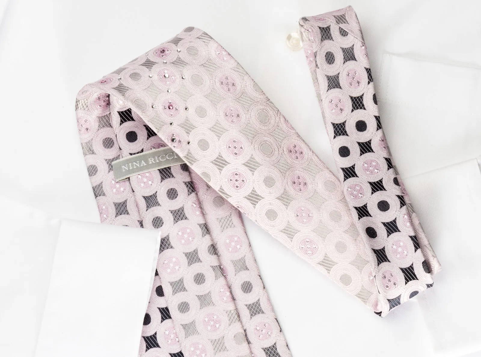 Nina Ricci Rhinestone Silk Necktie Pink Circles On Silver With Silver Sparkles