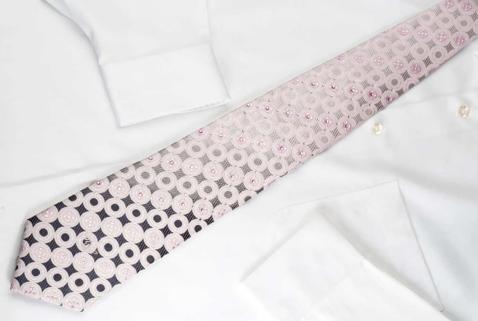 Nina Ricci Rhinestone Silk Necktie Pink Circles On Silver With Silver Sparkles