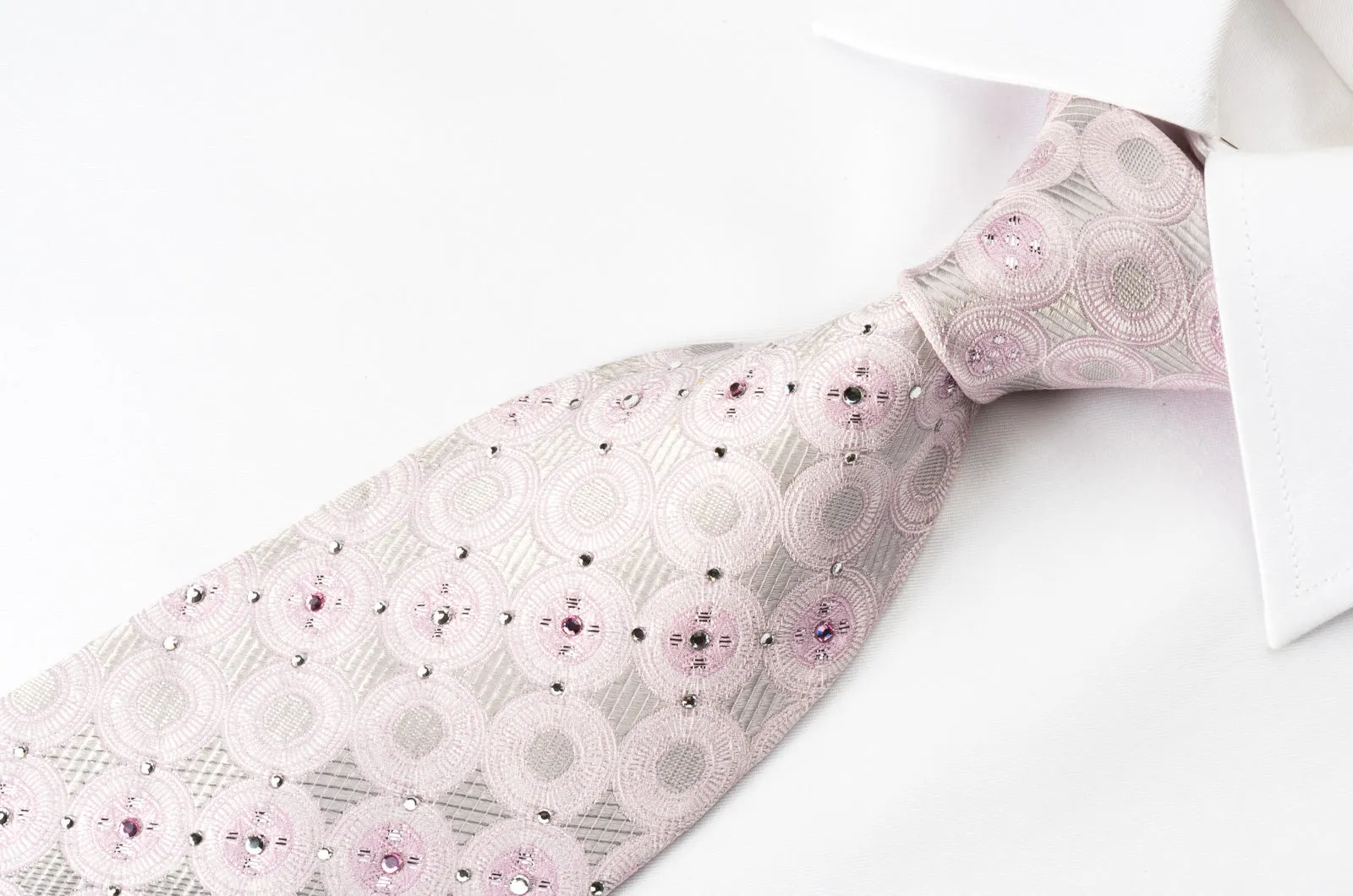 Nina Ricci Rhinestone Silk Necktie Pink Circles On Silver With Silver Sparkles