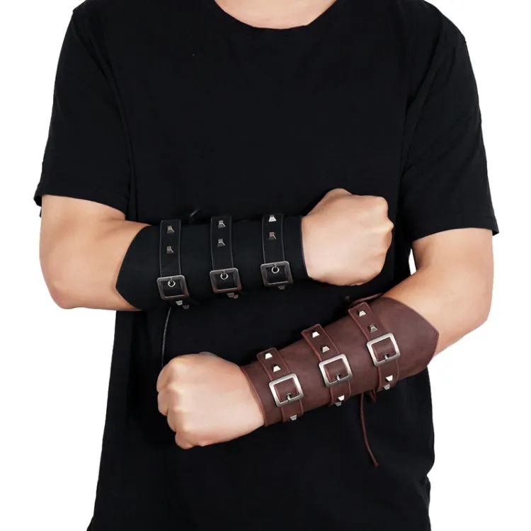 P01994 Men Leather Bracer Personality Punk Riding Arm Guard(Brown)