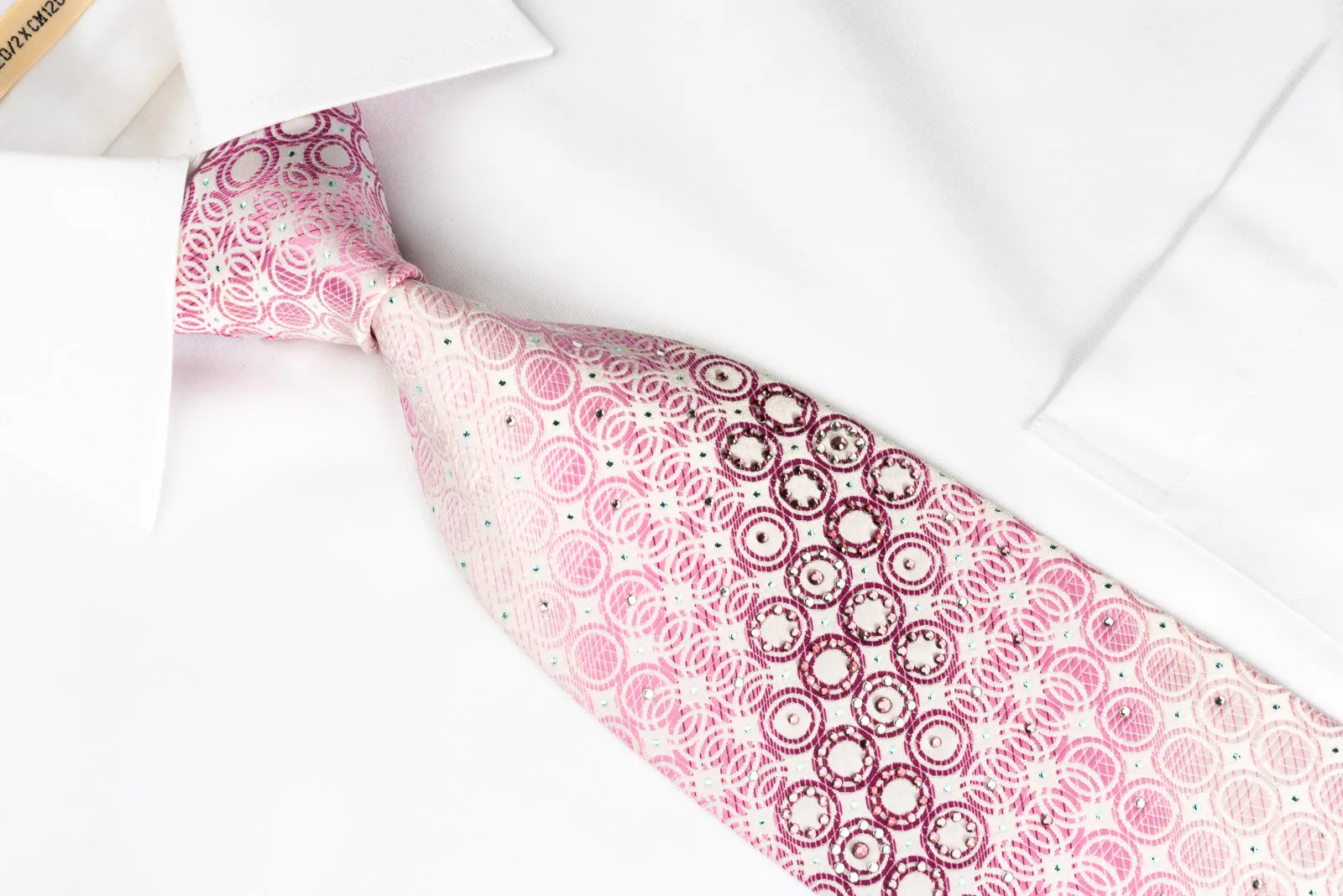 Paco Rabanne Rhinestone Silk Necktie Geometric Circles On Pink With Blue Sparkles