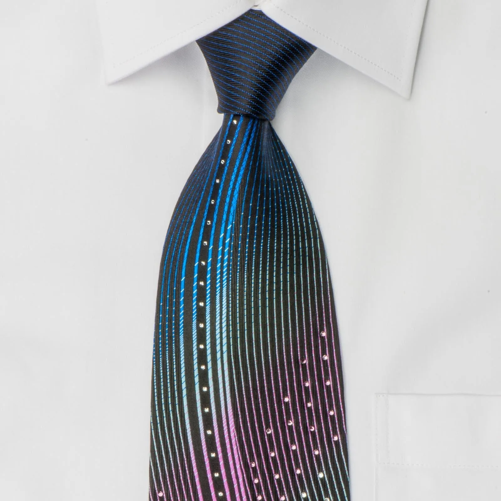 Pierre Balmain Men's Silk Necktie Blue Pink Waves On Black On Black With Crystal Rhinestones