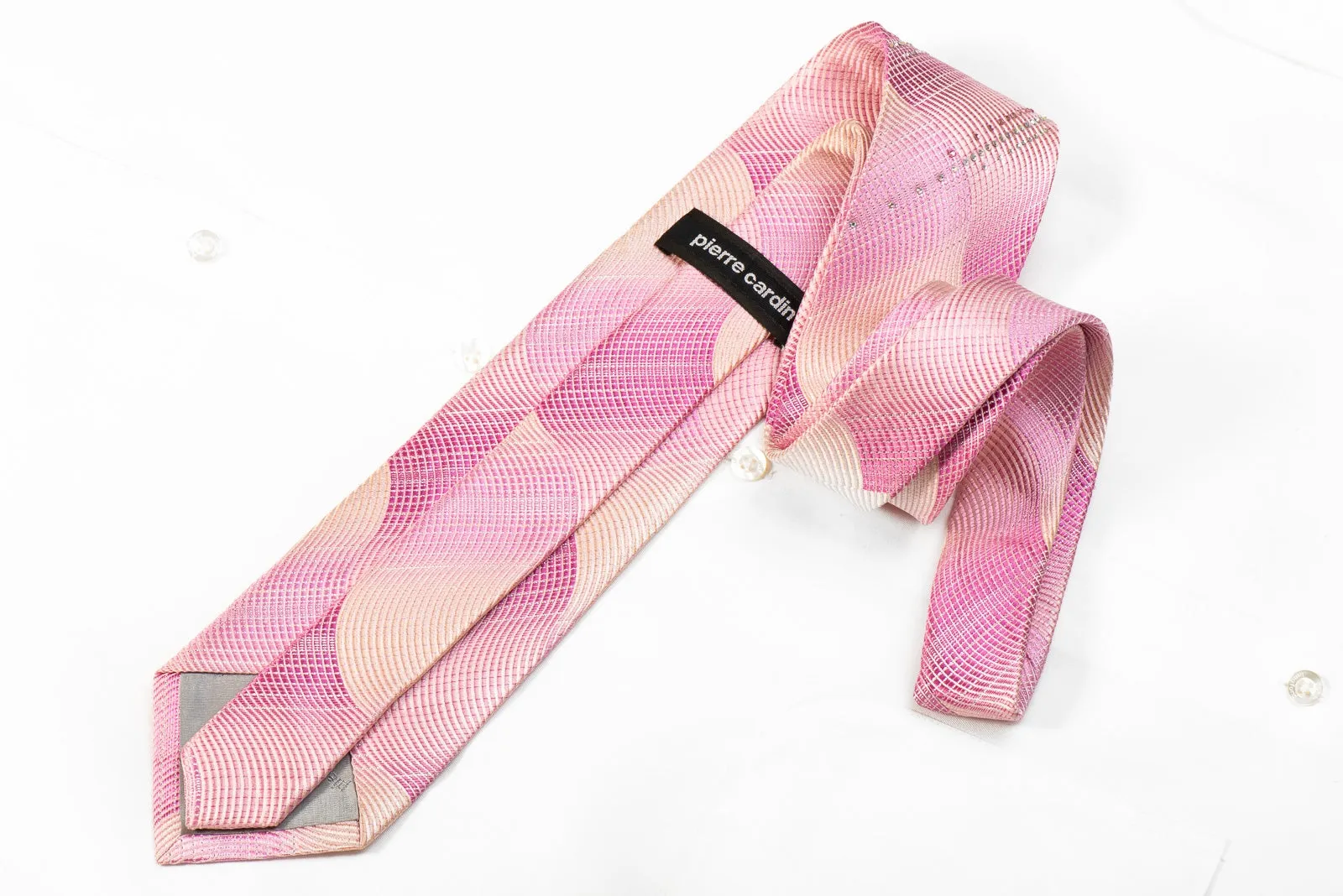 Pierre Cardin Men's Crystal Silk Necktie Waves On Pink With Silver Sparkles