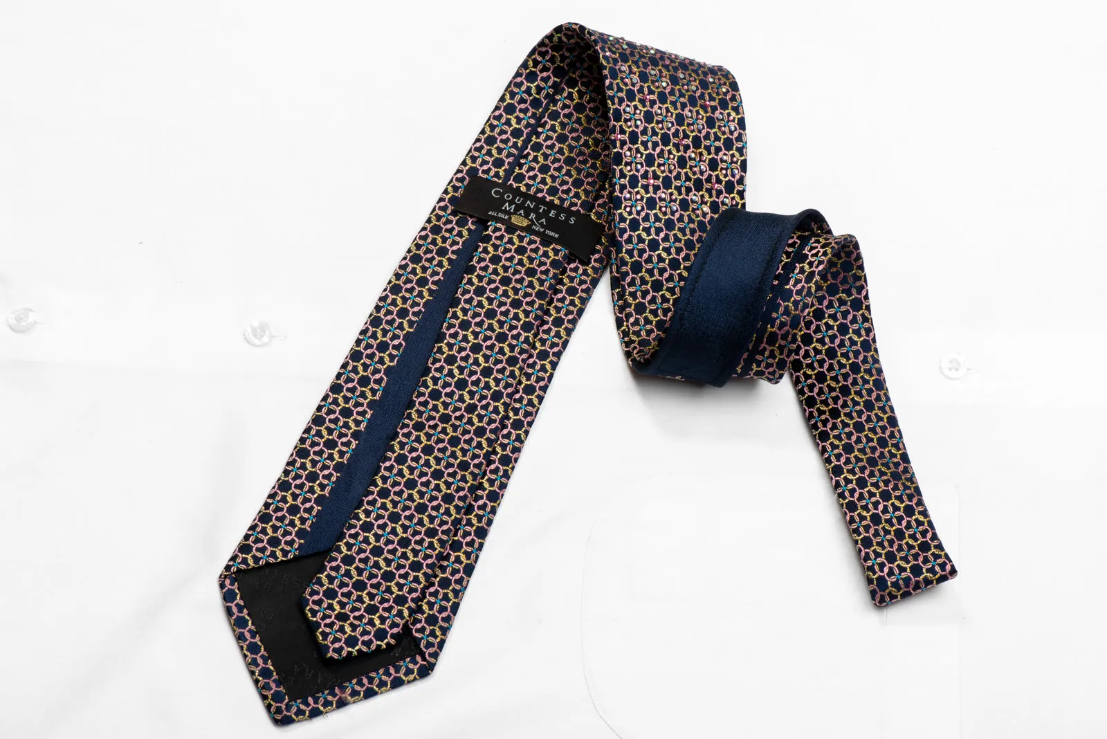 Pink Gold Interlocking Circles On Navy Silk Necktie With Gold Sparkles