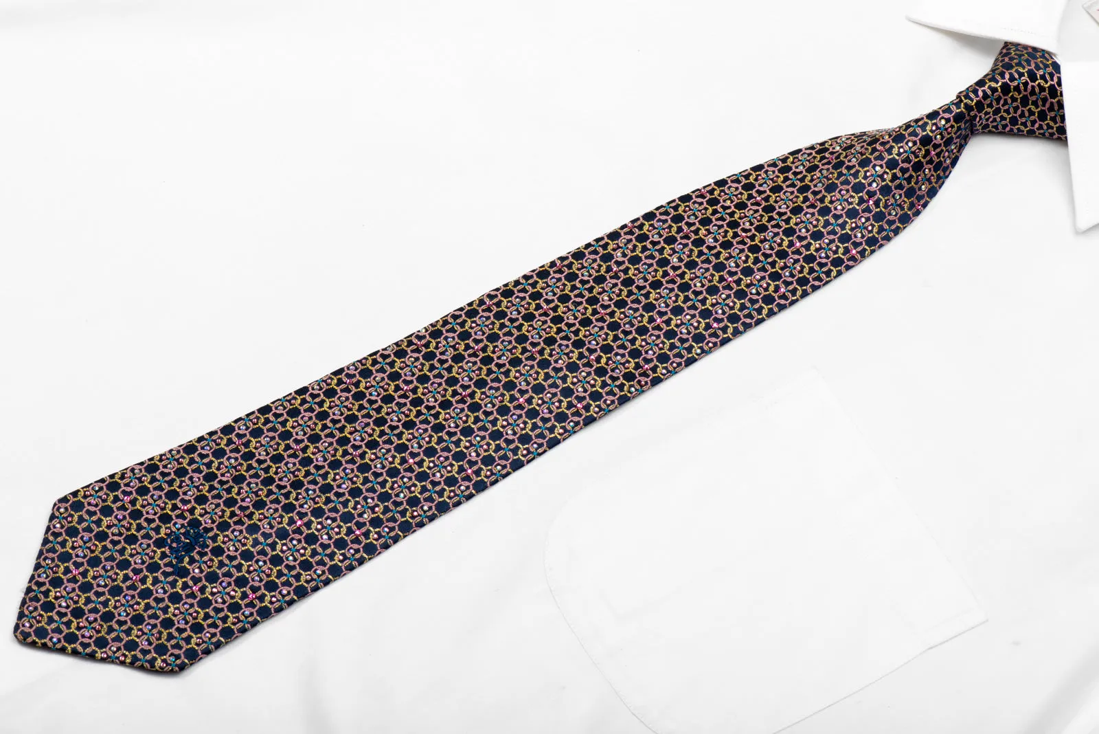 Pink Gold Interlocking Circles On Navy Silk Necktie With Gold Sparkles