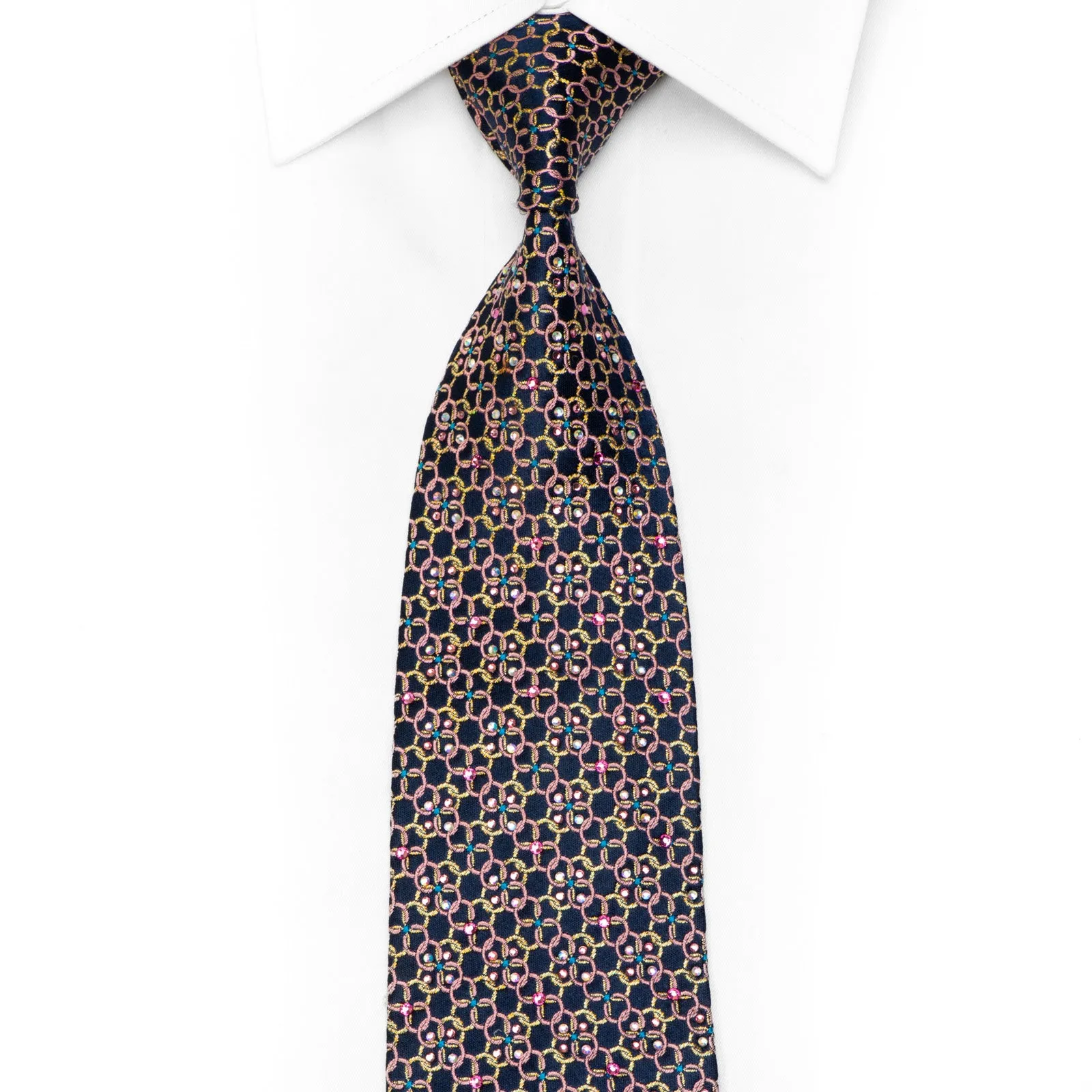 Pink Gold Interlocking Circles On Navy Silk Necktie With Gold Sparkles