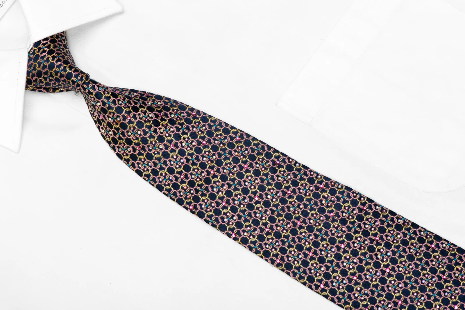 Pink Gold Interlocking Circles On Navy Silk Necktie With Gold Sparkles