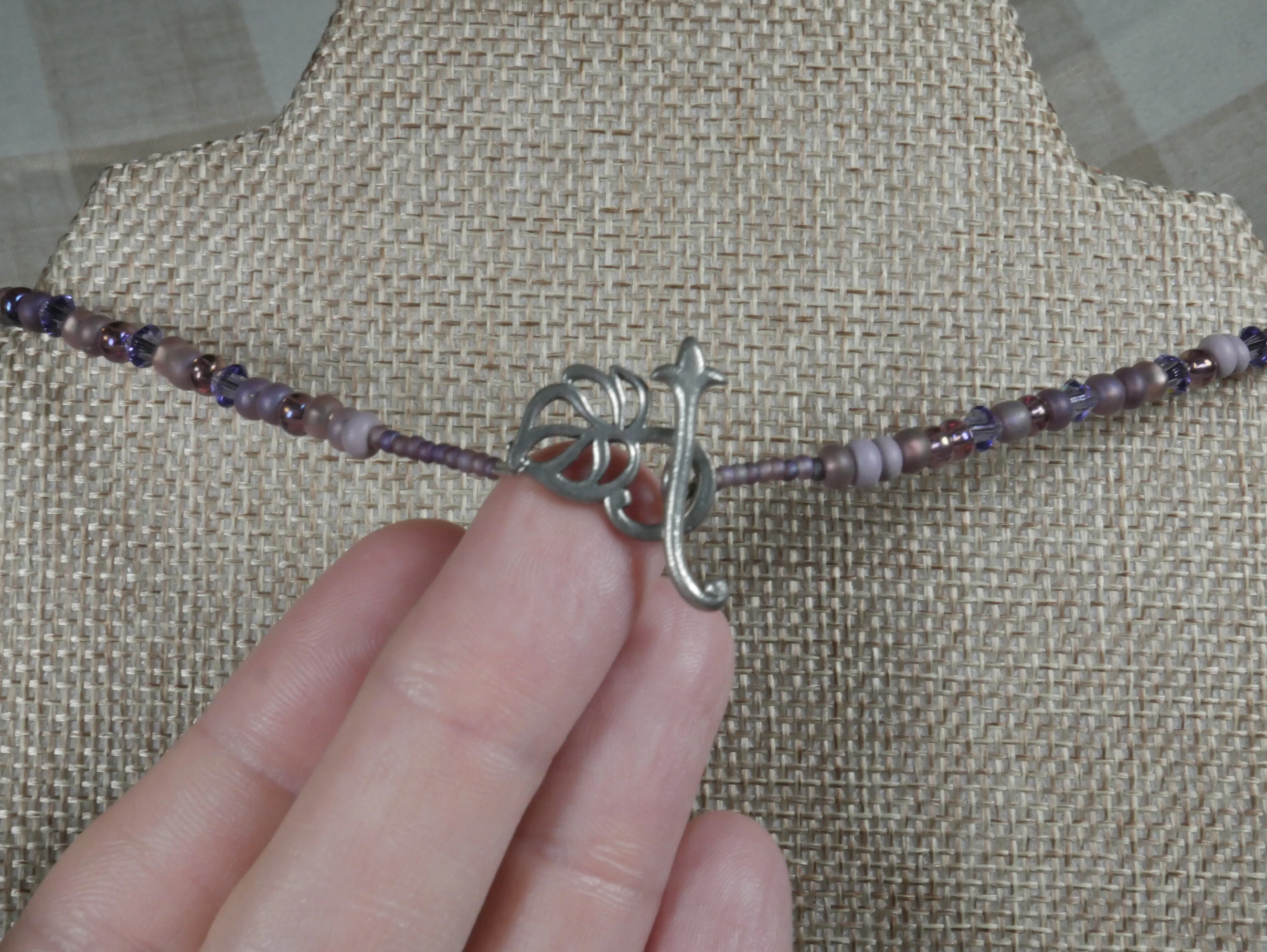 Purple Beaded Choker with Striped Purple Teardrop Bead Dangles