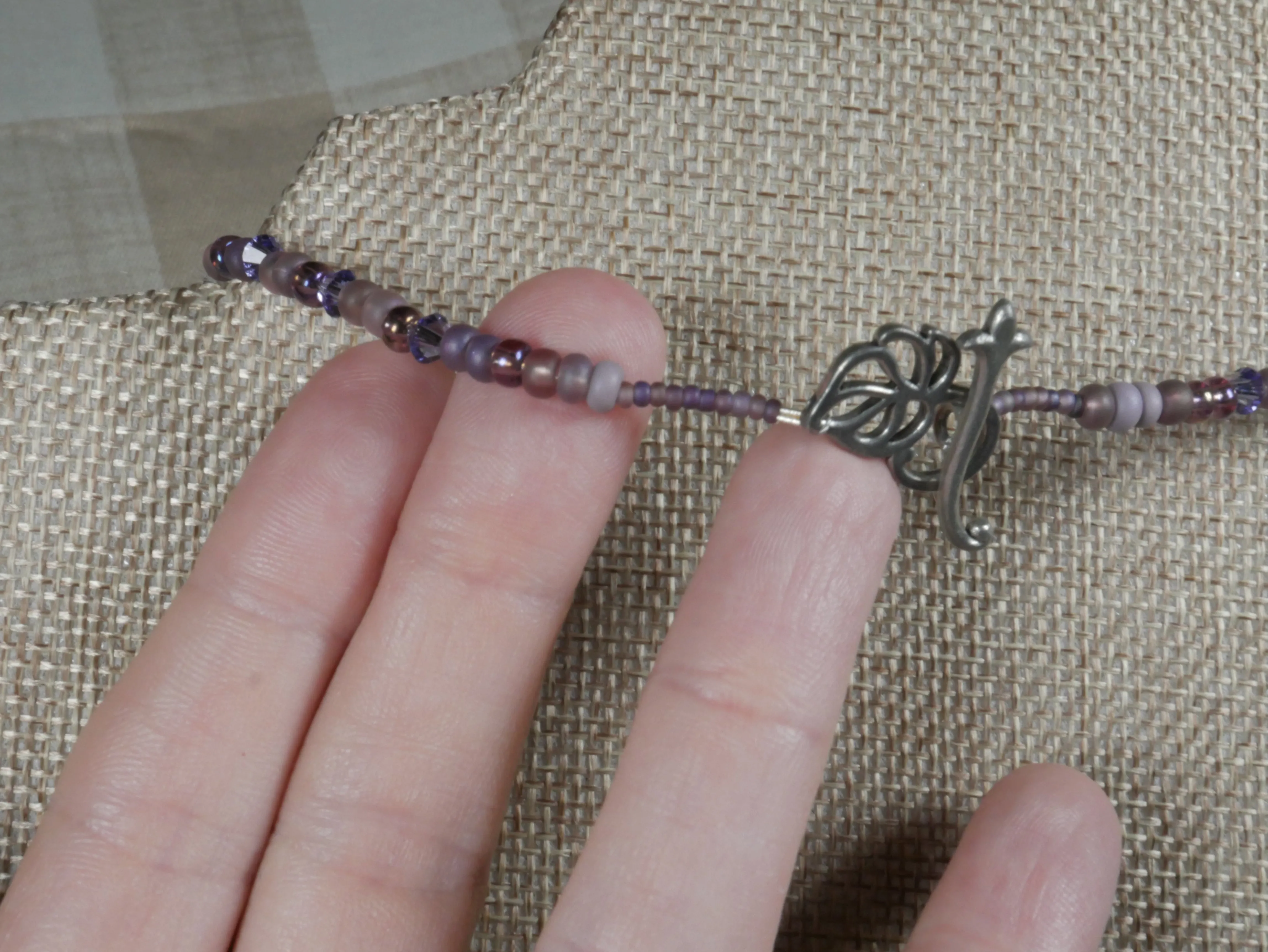 Purple Beaded Choker with Striped Purple Teardrop Bead Dangles