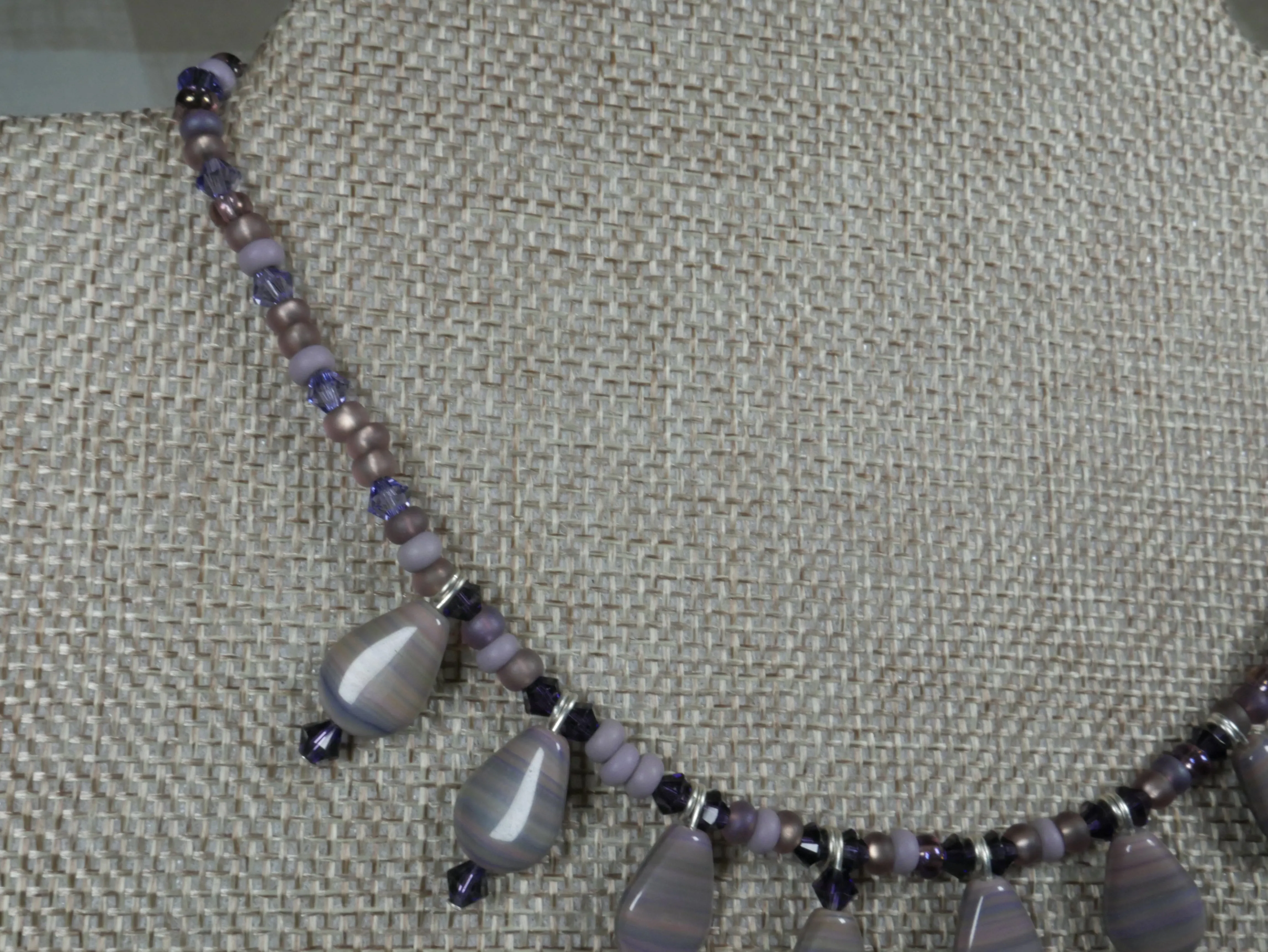 Purple Beaded Choker with Striped Purple Teardrop Bead Dangles