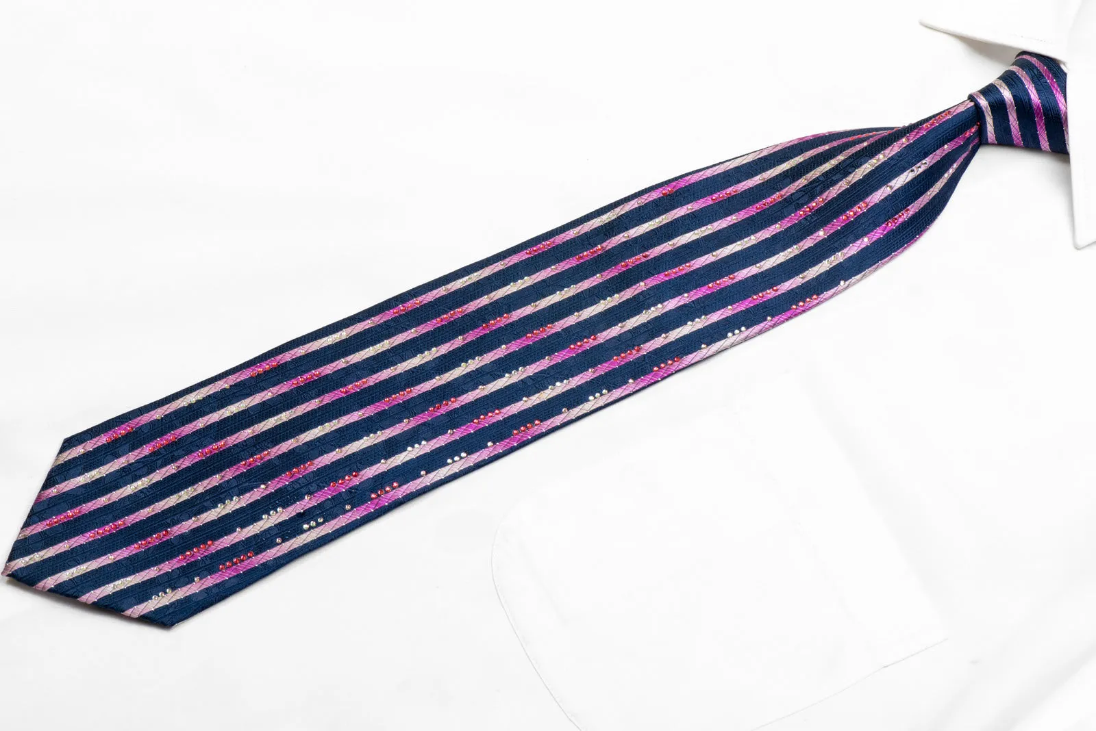 Purple Vertical Stripes On Navy Rhinestone Silk Necktie With Sparkles