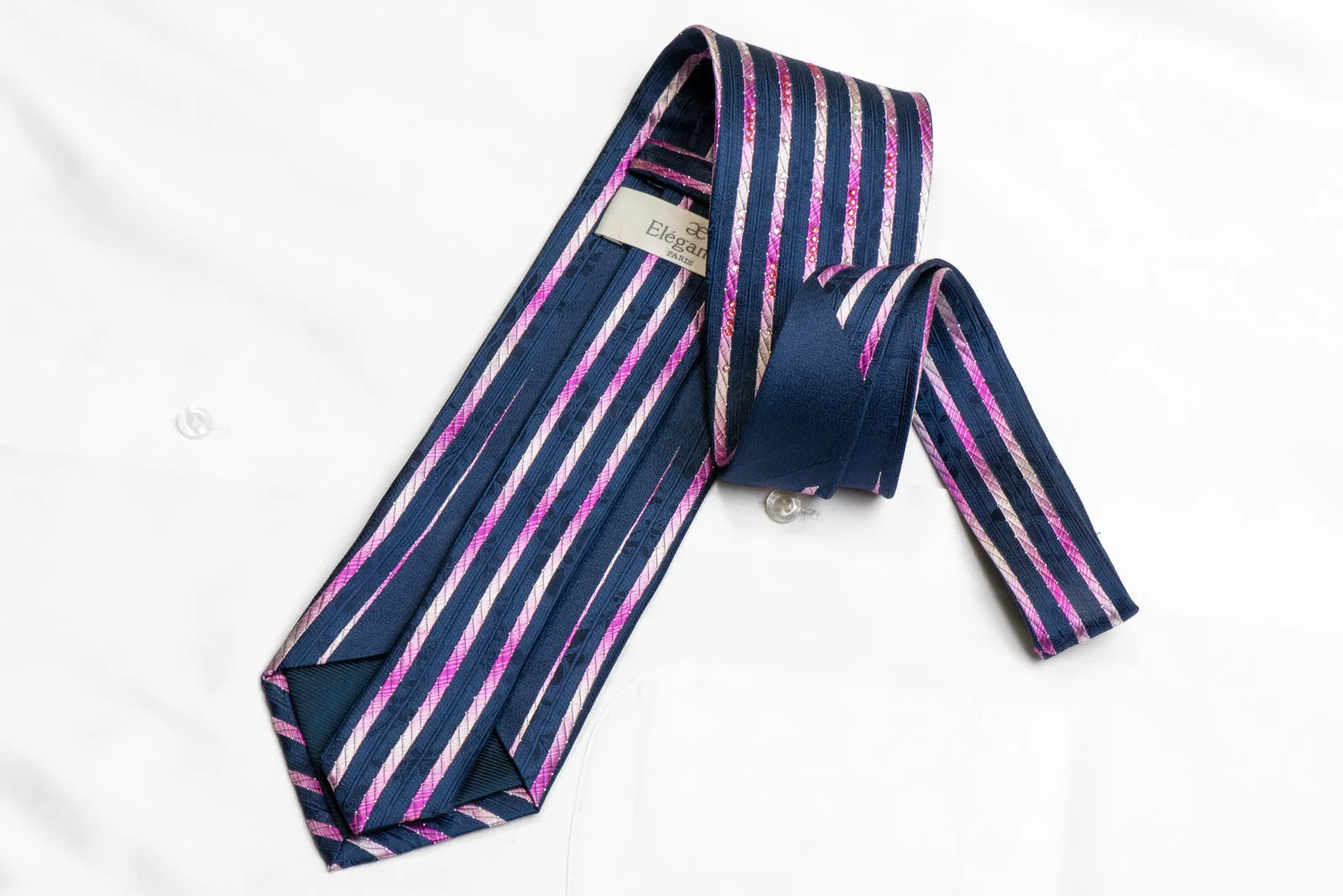 Purple Vertical Stripes On Navy Rhinestone Silk Necktie With Sparkles