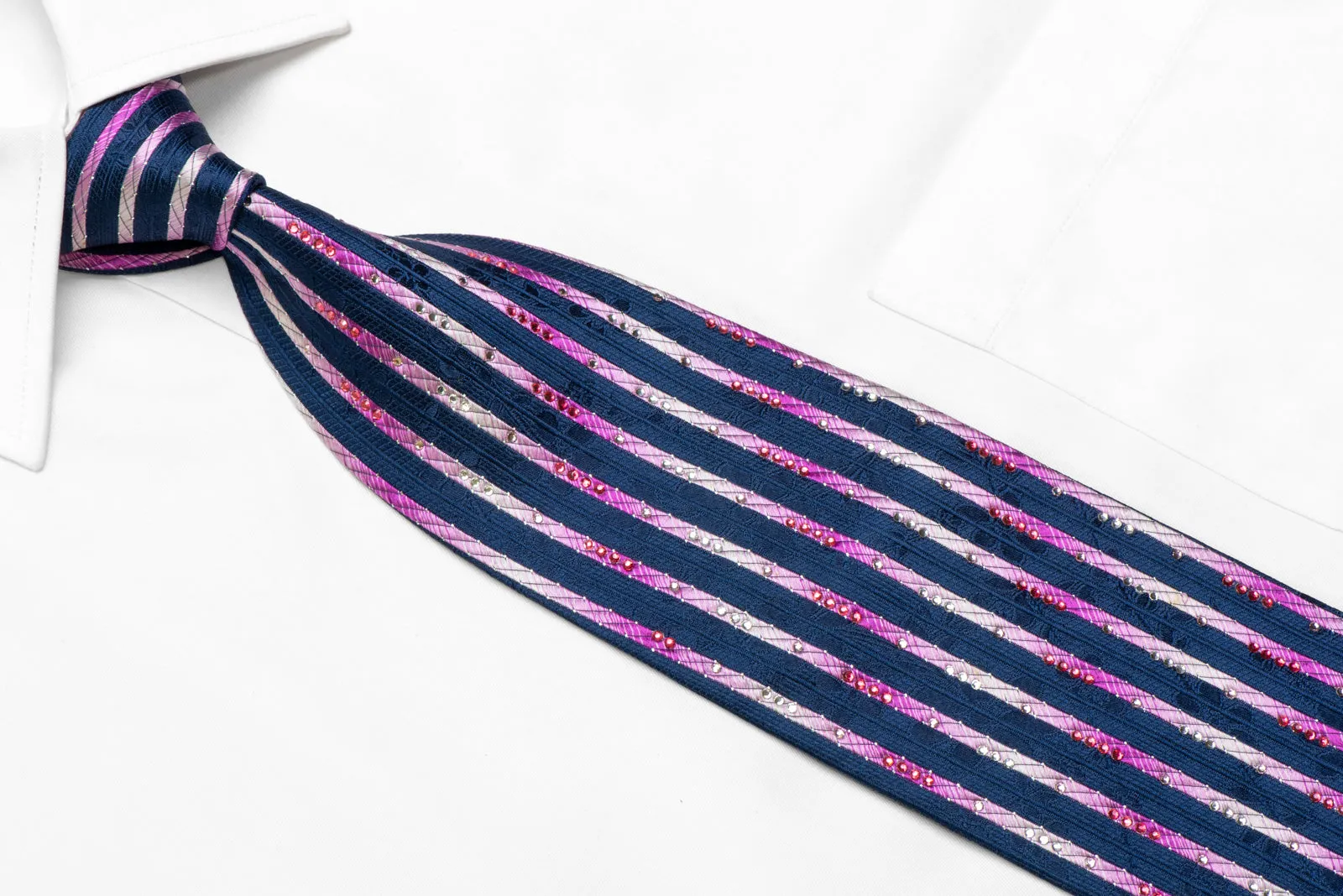 Purple Vertical Stripes On Navy Rhinestone Silk Necktie With Sparkles