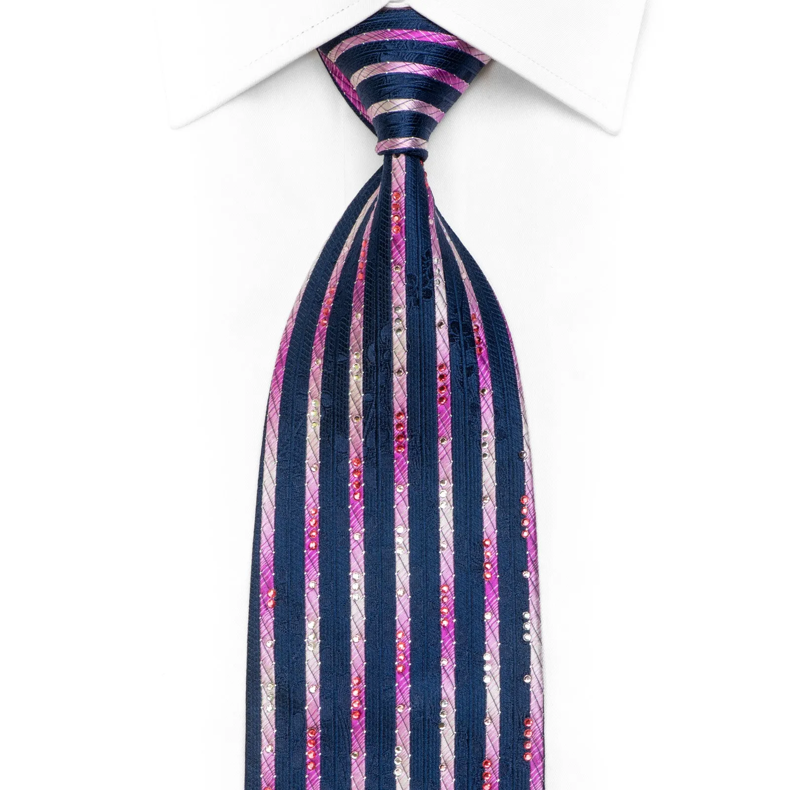 Purple Vertical Stripes On Navy Rhinestone Silk Necktie With Sparkles