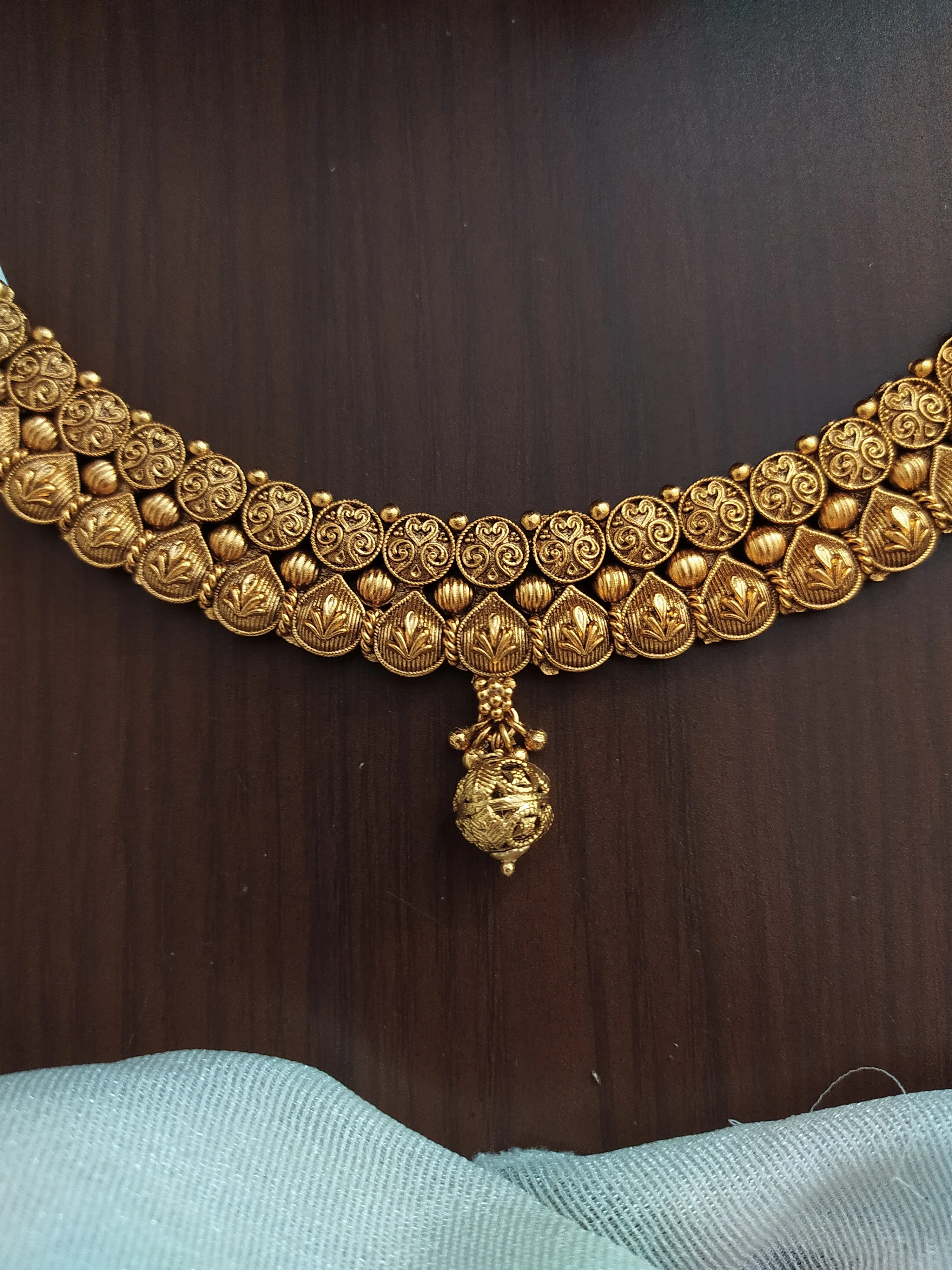 "Antique Plain Gold Finish Floral Design Choker/Necklace with Matching Jhumki"