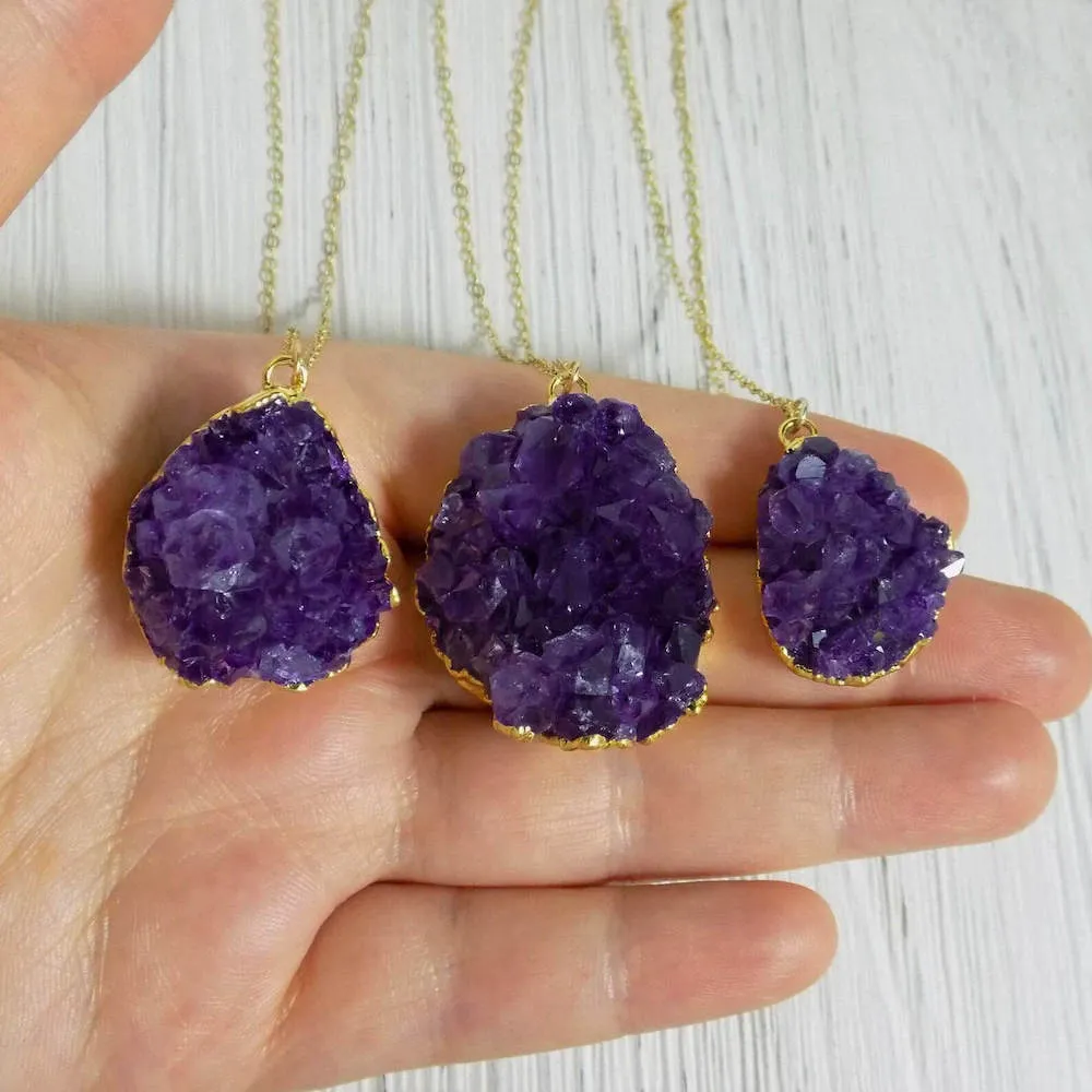 Raw Amethyst Druzy Pendant Golden Necklace