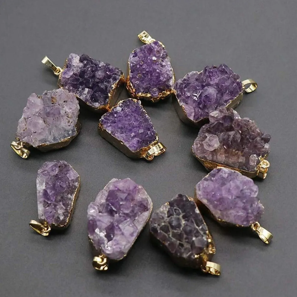 Raw Amethyst Druzy Pendant Golden Necklace