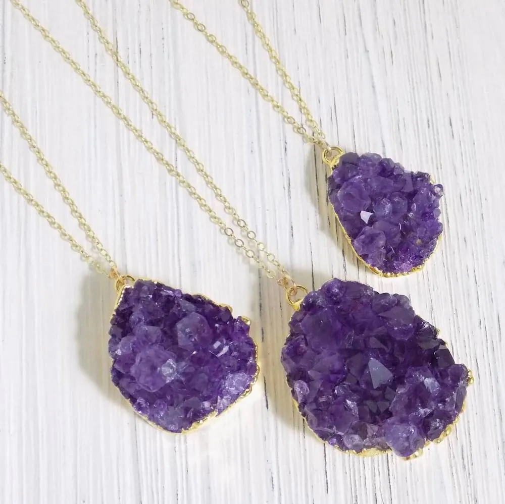 Raw Amethyst Druzy Pendant Golden Necklace