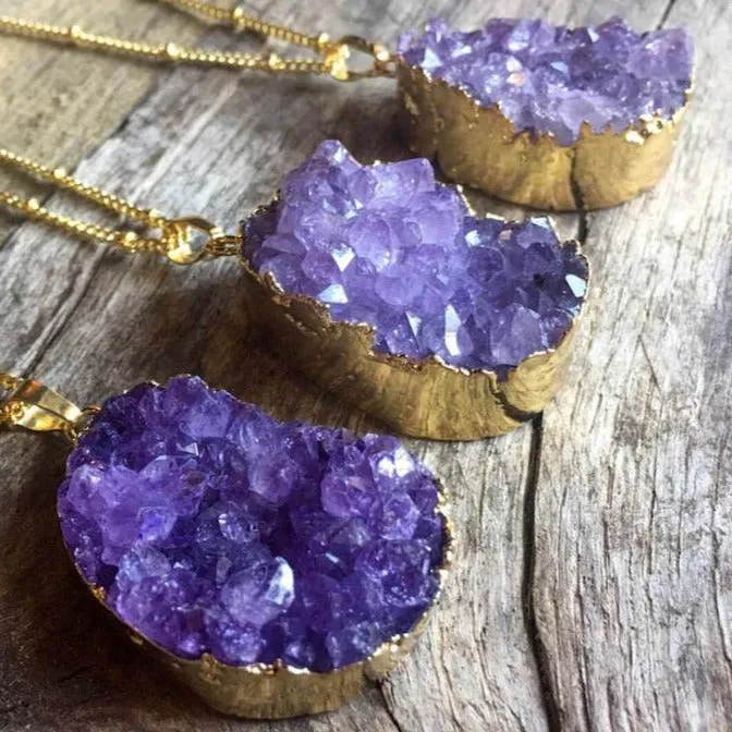 Raw Amethyst Druzy Pendant Golden Necklace