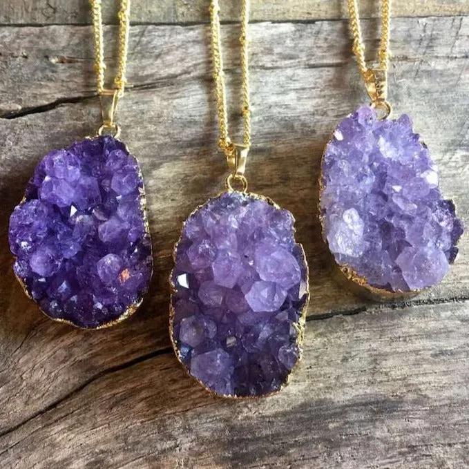 Raw Amethyst Druzy Pendant Golden Necklace