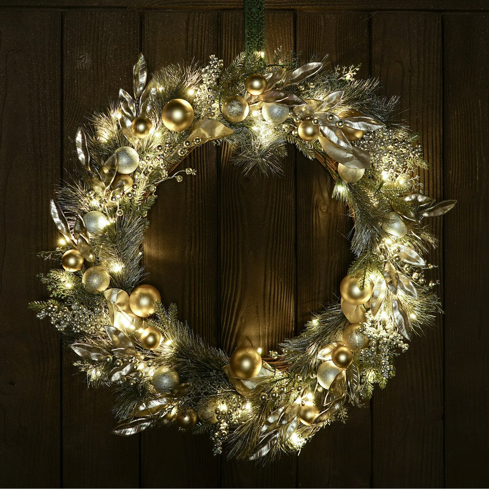 Red Co. 30” Decorative Artificial Light-Up Christmas Wreath with Silver & Gold Ornaments, Battery-Operated LED Lights with Timer