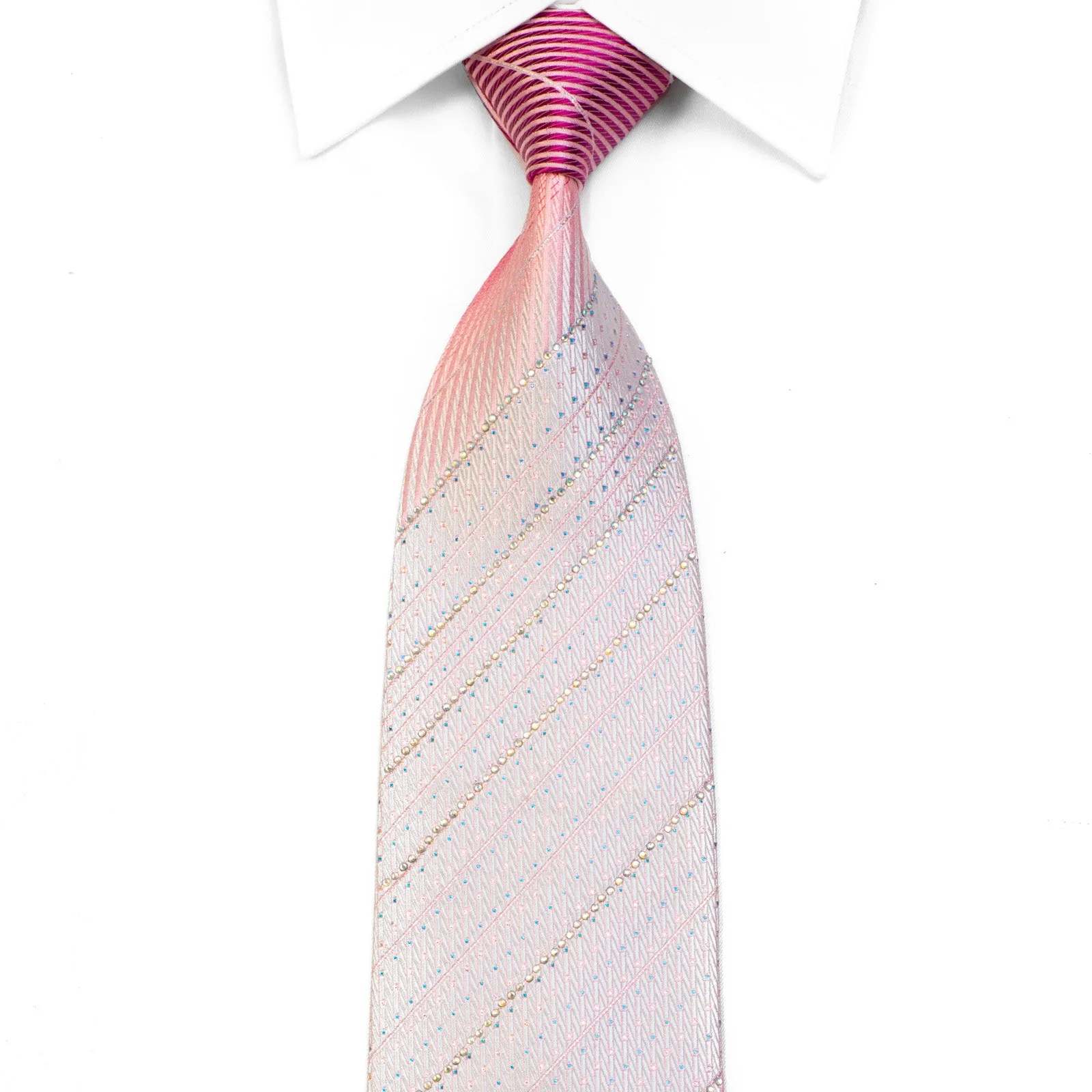 Renoma Rhinestone Silk Necktie Vertical Stripes On Pink With Blue Sparkles