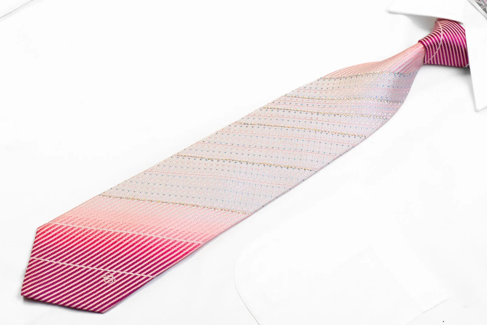 Renoma Rhinestone Silk Necktie Vertical Stripes On Pink With Blue Sparkles