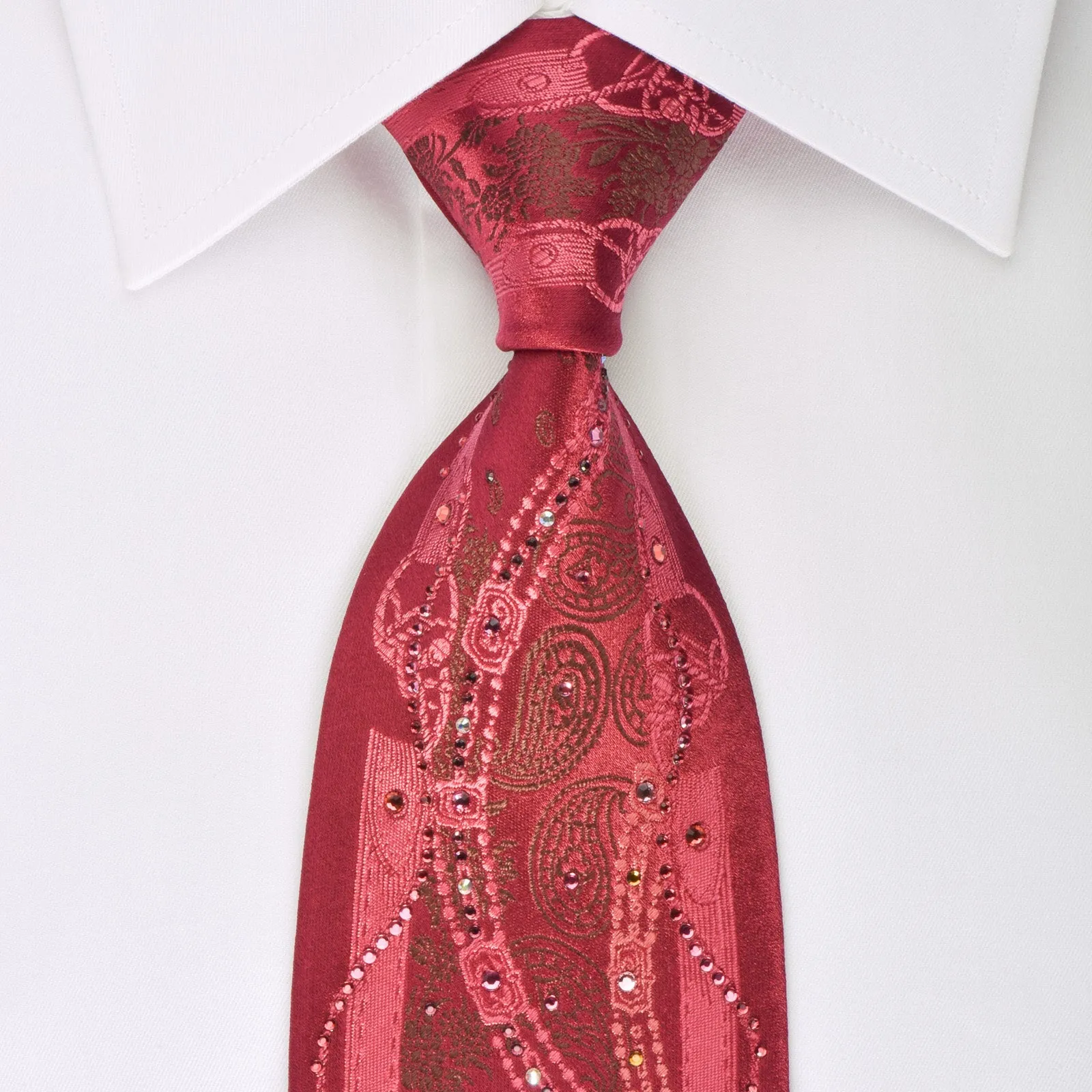 Renoma Silk Necktie Boteh On Burgundy With Rhinestones