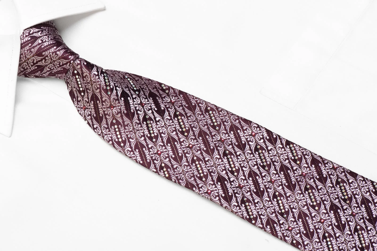 Rhinestone Silk Tie Cartouche On Burgundy With Silver Sparkles