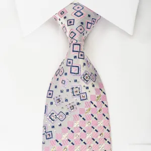 Rogers Dail Silk Necktie Pink Silver Geometric Checker With Rhinestones & Silver Sparkles