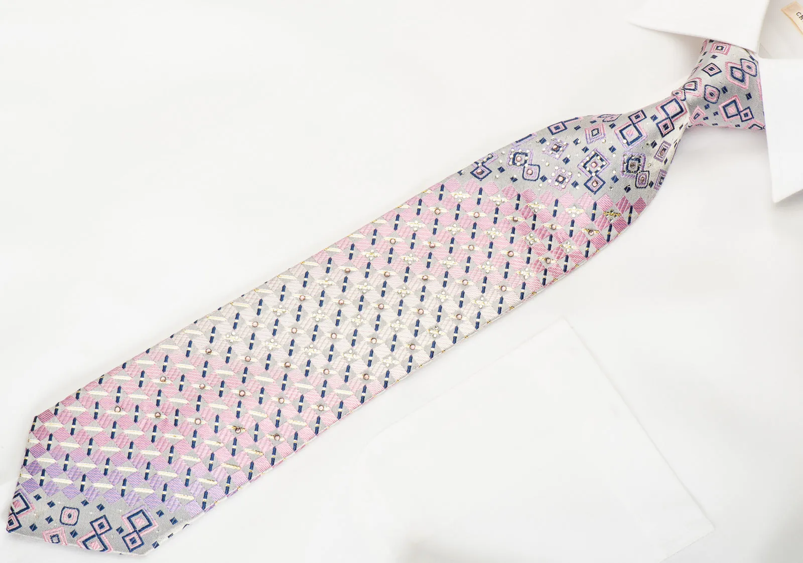 Rogers Dail Silk Necktie Pink Silver Geometric Checker With Rhinestones & Silver Sparkles