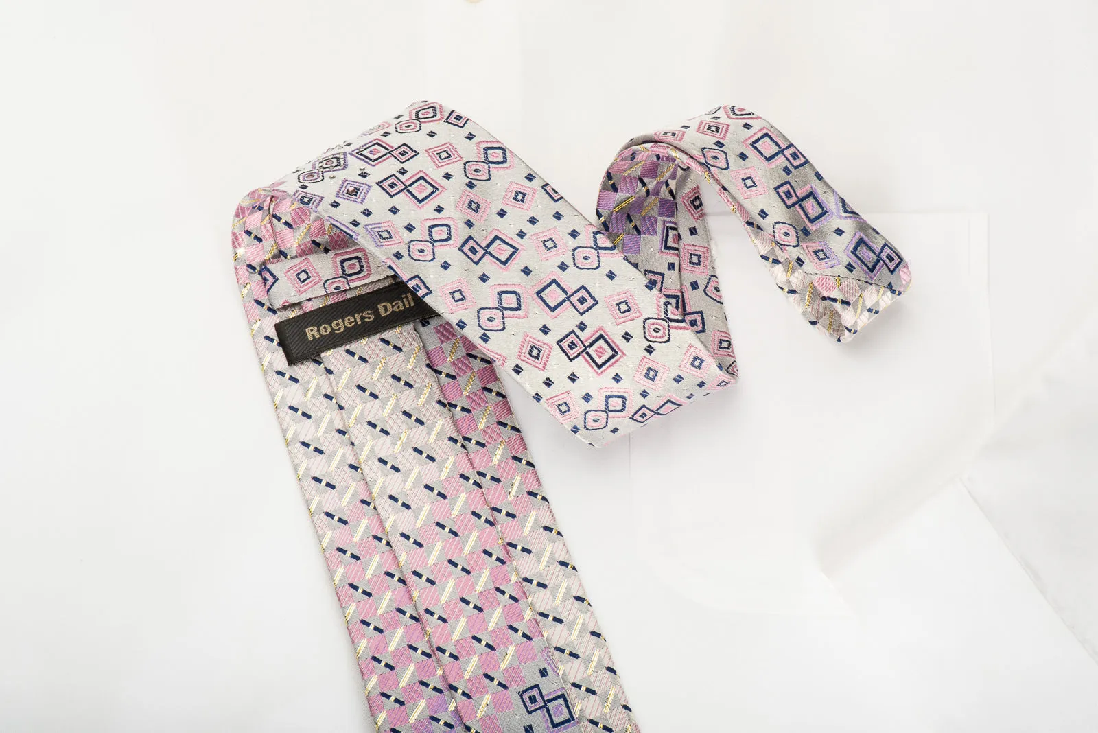 Rogers Dail Silk Necktie Pink Silver Geometric Checker With Rhinestones & Silver Sparkles