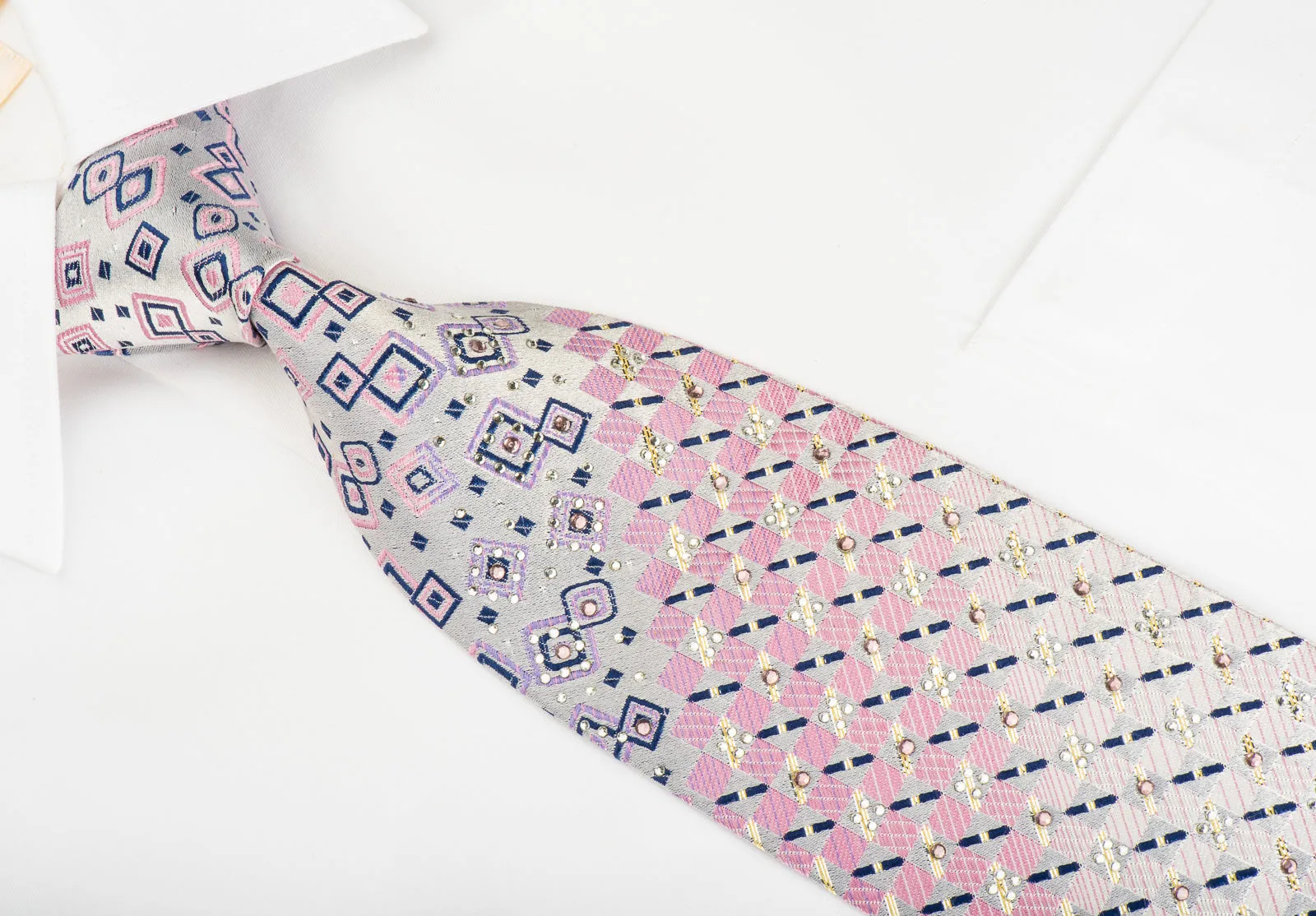 Rogers Dail Silk Necktie Pink Silver Geometric Checker With Rhinestones & Silver Sparkles