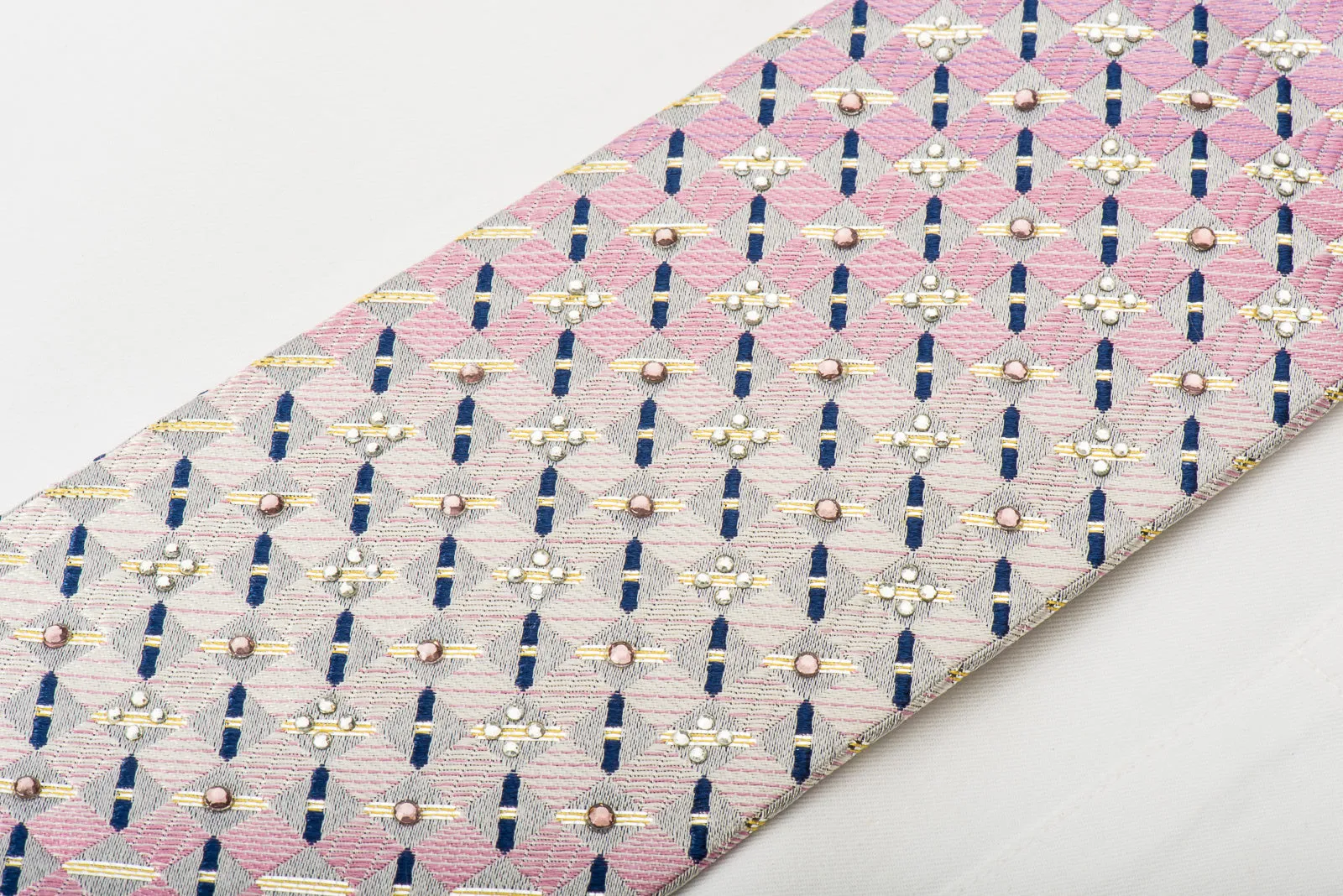 Rogers Dail Silk Necktie Pink Silver Geometric Checker With Rhinestones & Silver Sparkles