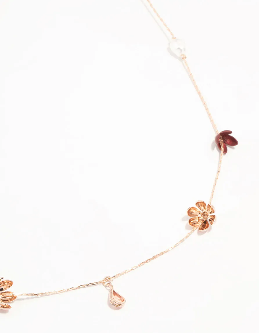 Rose Gold & Red Flowers Large Necklace