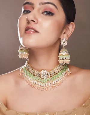 Rubans gold plated choker set with studded stones and mint green, beige colour beads.