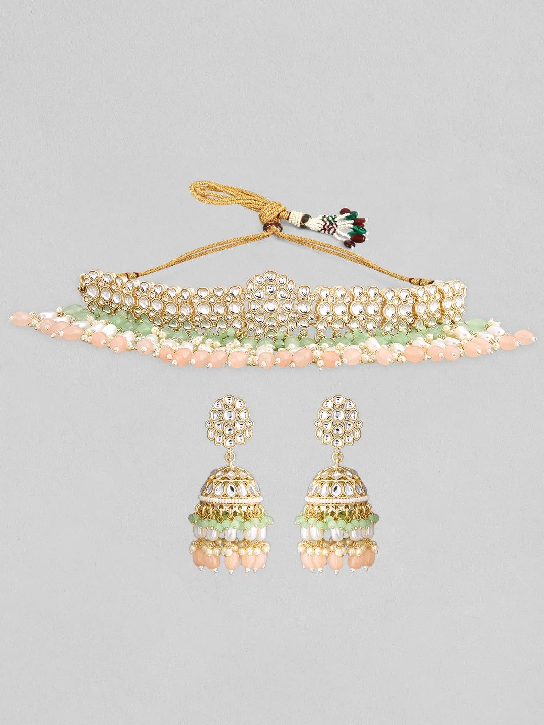 Rubans gold plated choker set with studded stones and mint green, beige colour beads.