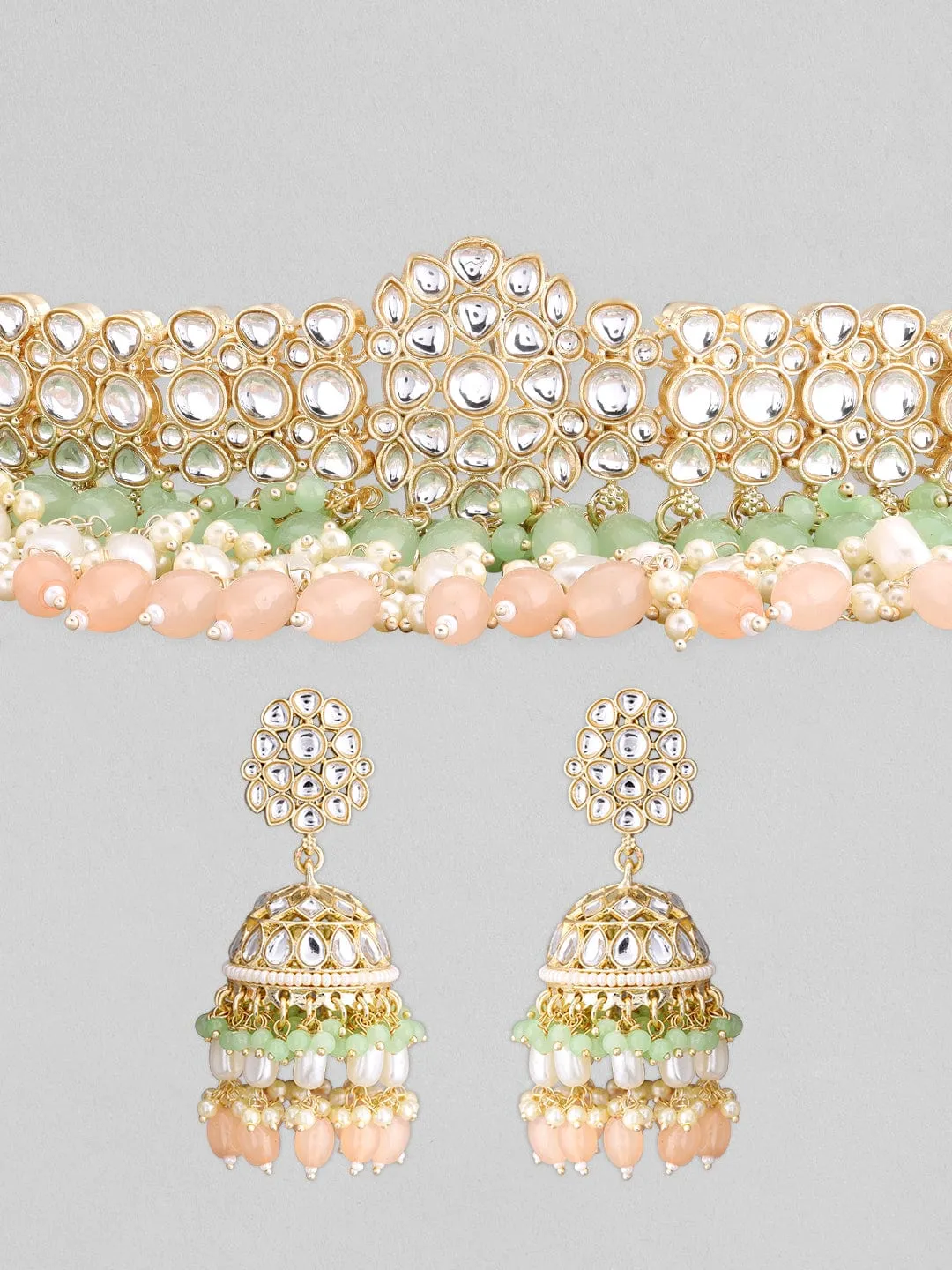 Rubans gold plated choker set with studded stones and mint green, beige colour beads.