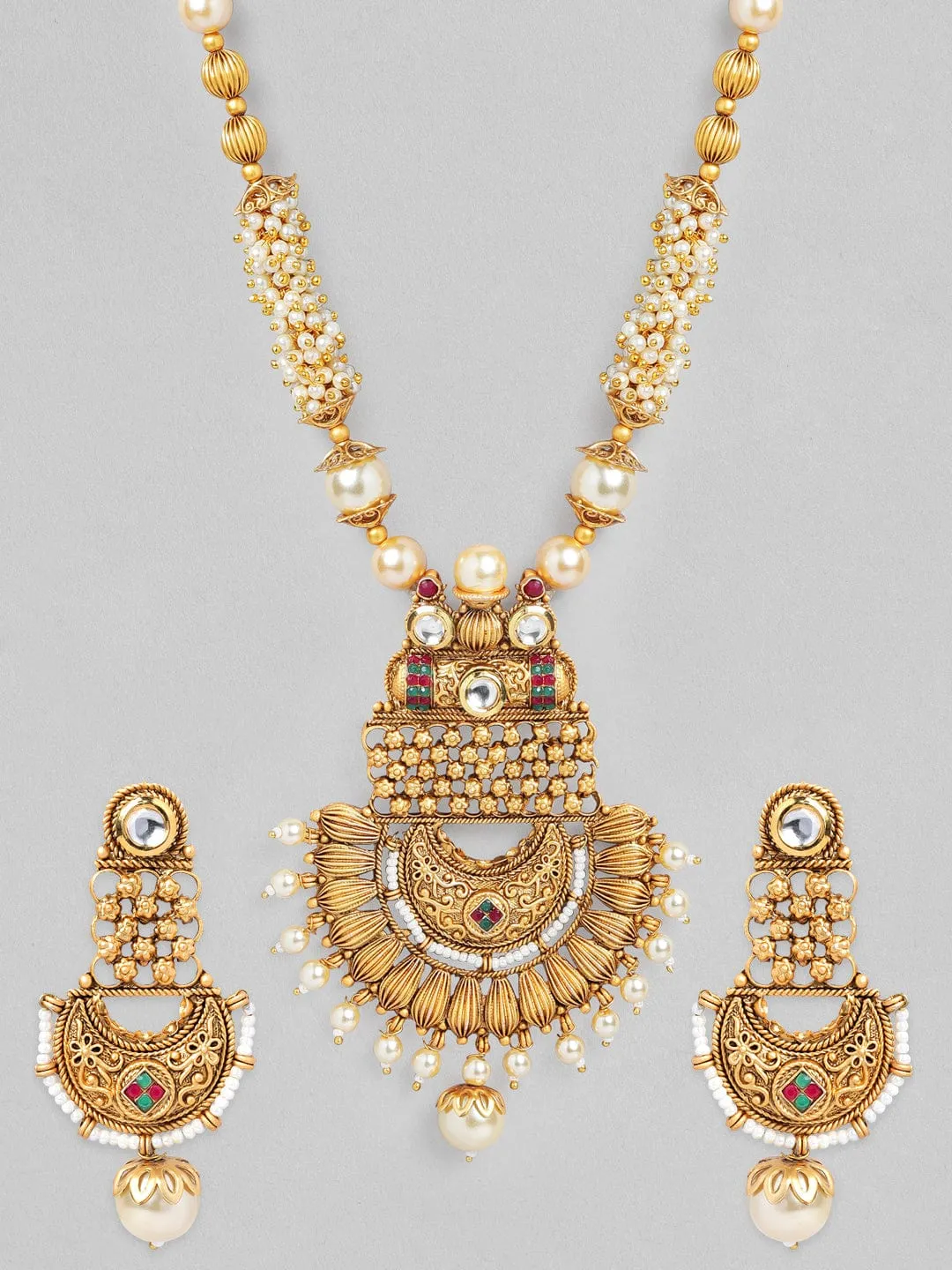 Rubans Gold Plated Heavy Pendant Beige Pearl Necklace Set