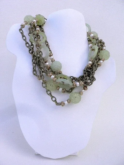 Shiu Jade, Fresh Water Pearls, Beige Silk Chain, and Beige Chinese Knots Necklace