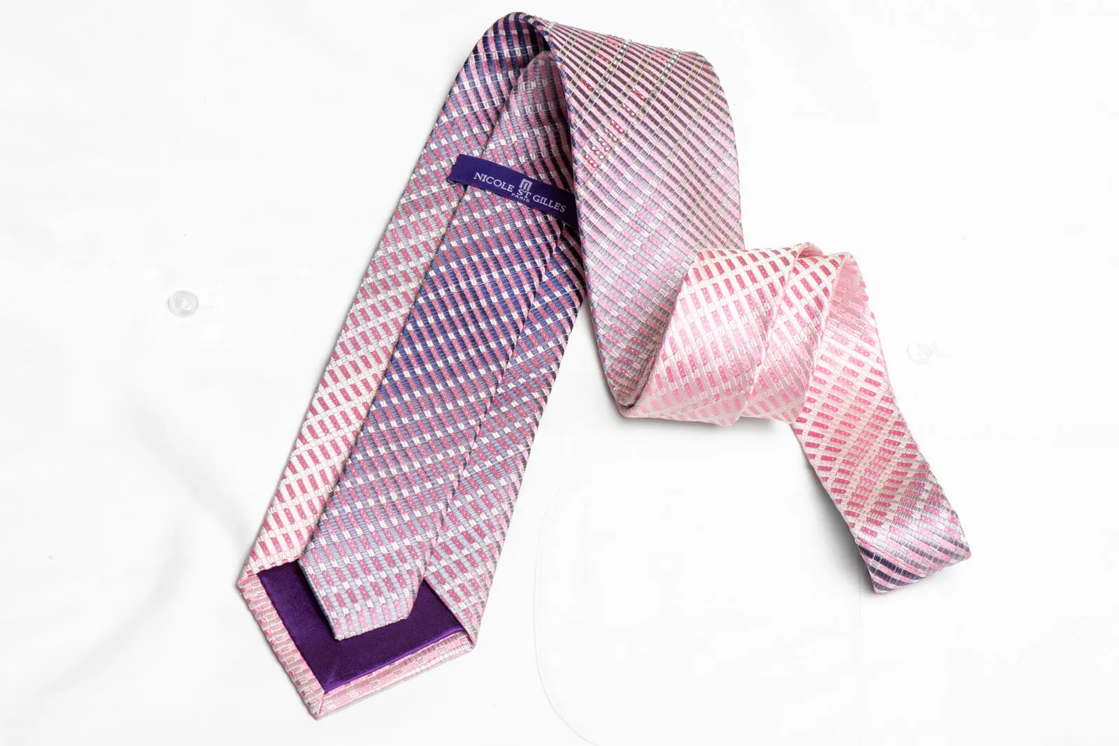 Silver Mauve Pink Striped Rhinestone Tie With Silver Sparkles