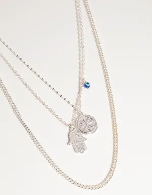 Silver Short Hand Coin 3-Row Necklace