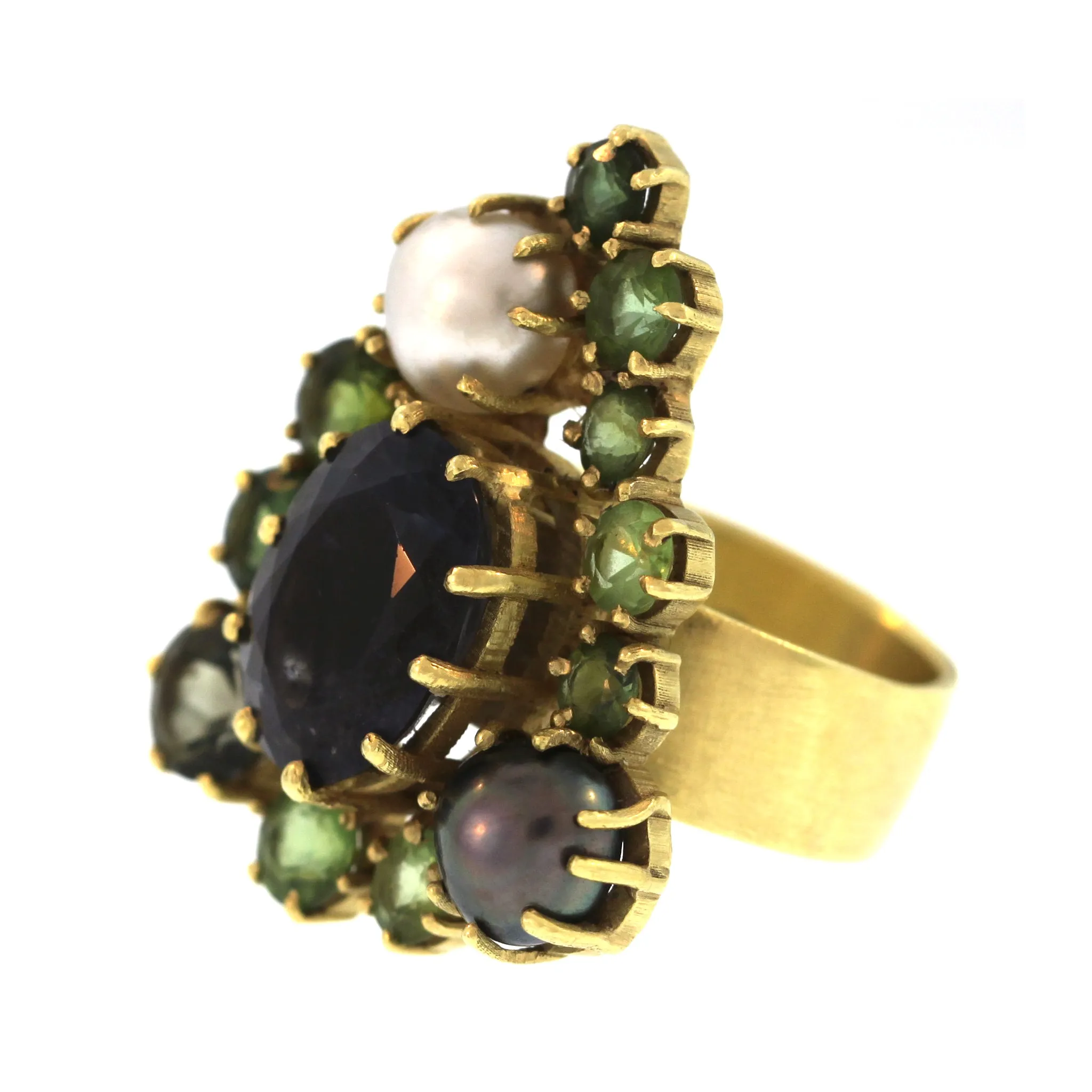 The Green and Blue Tourmaline and Pearl Cluster Ring