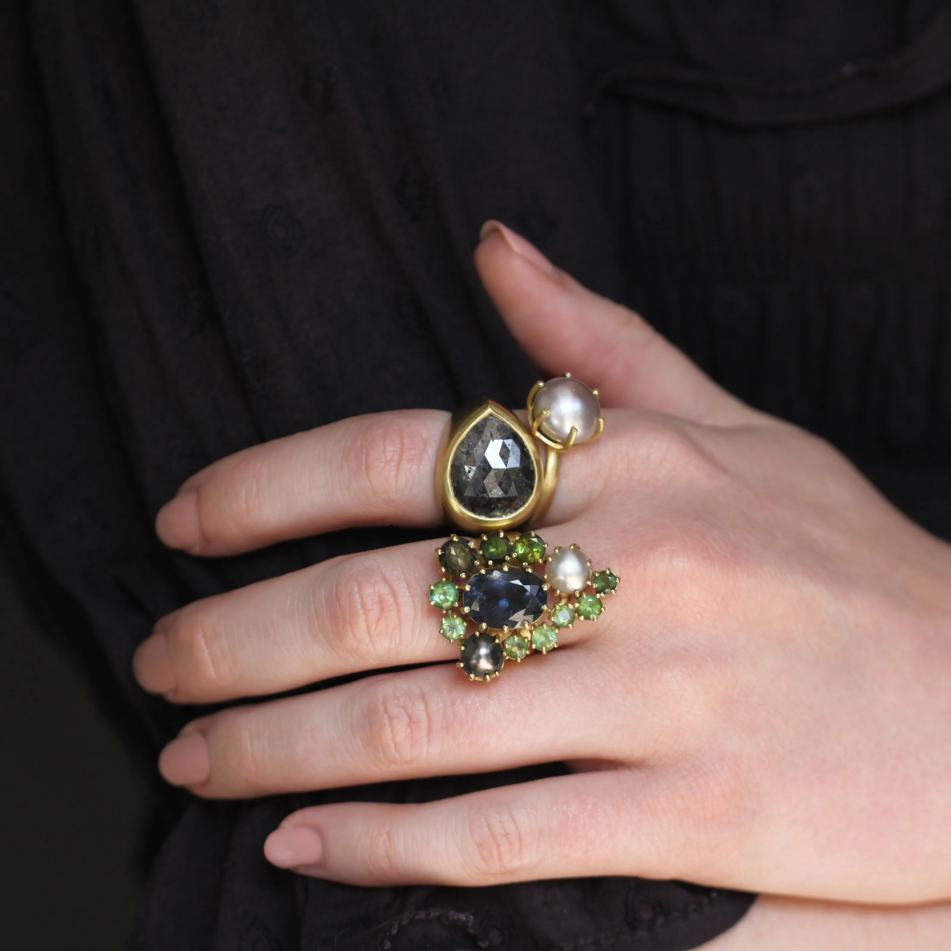 The Green and Blue Tourmaline and Pearl Cluster Ring