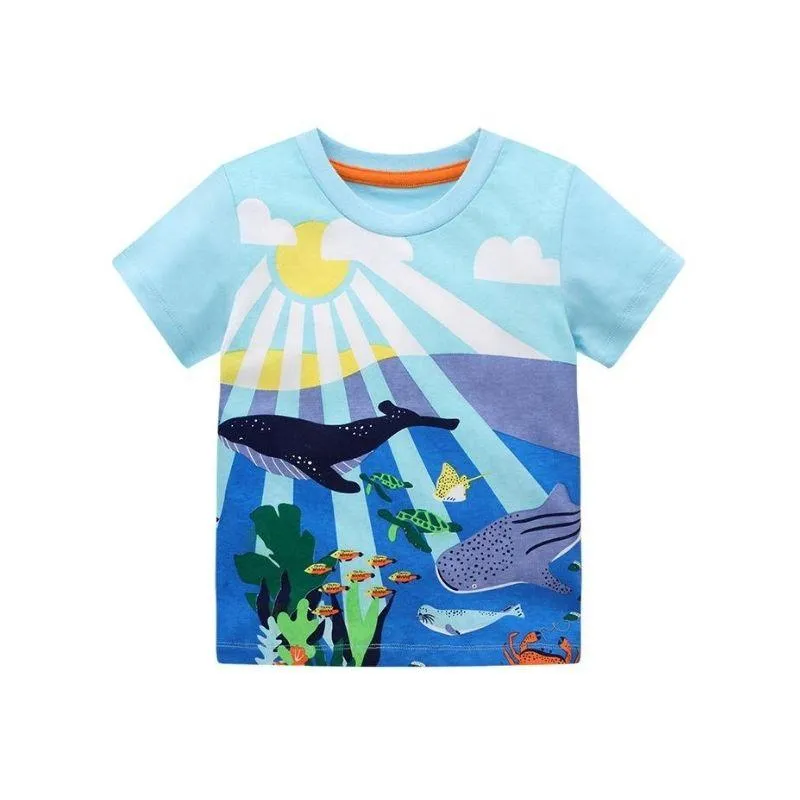 Unisex Short Sleeve Shark and Fish Pattern T-shirt